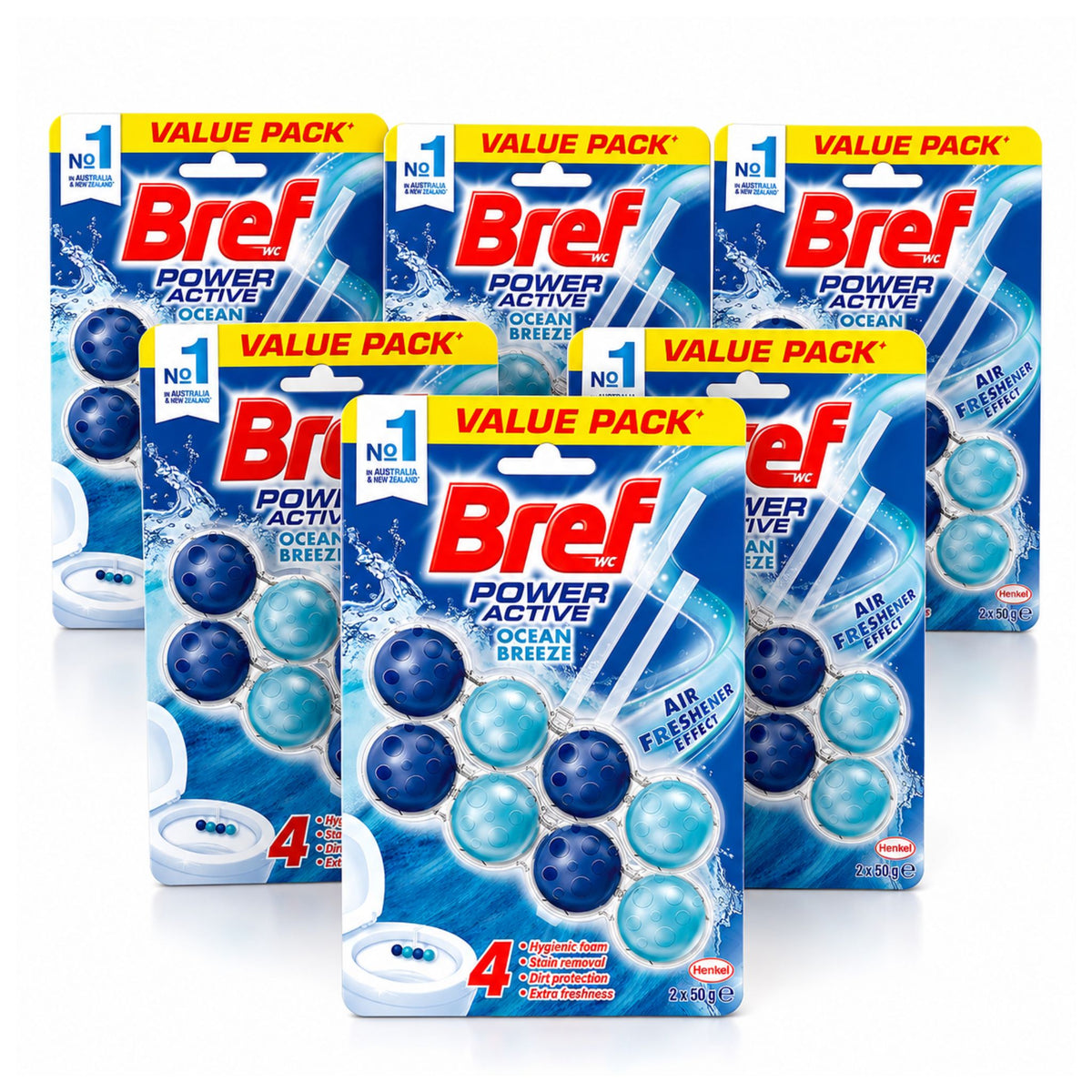 Multiple packages of Bref Power Active Ocean Breeze air fresheners on a white background