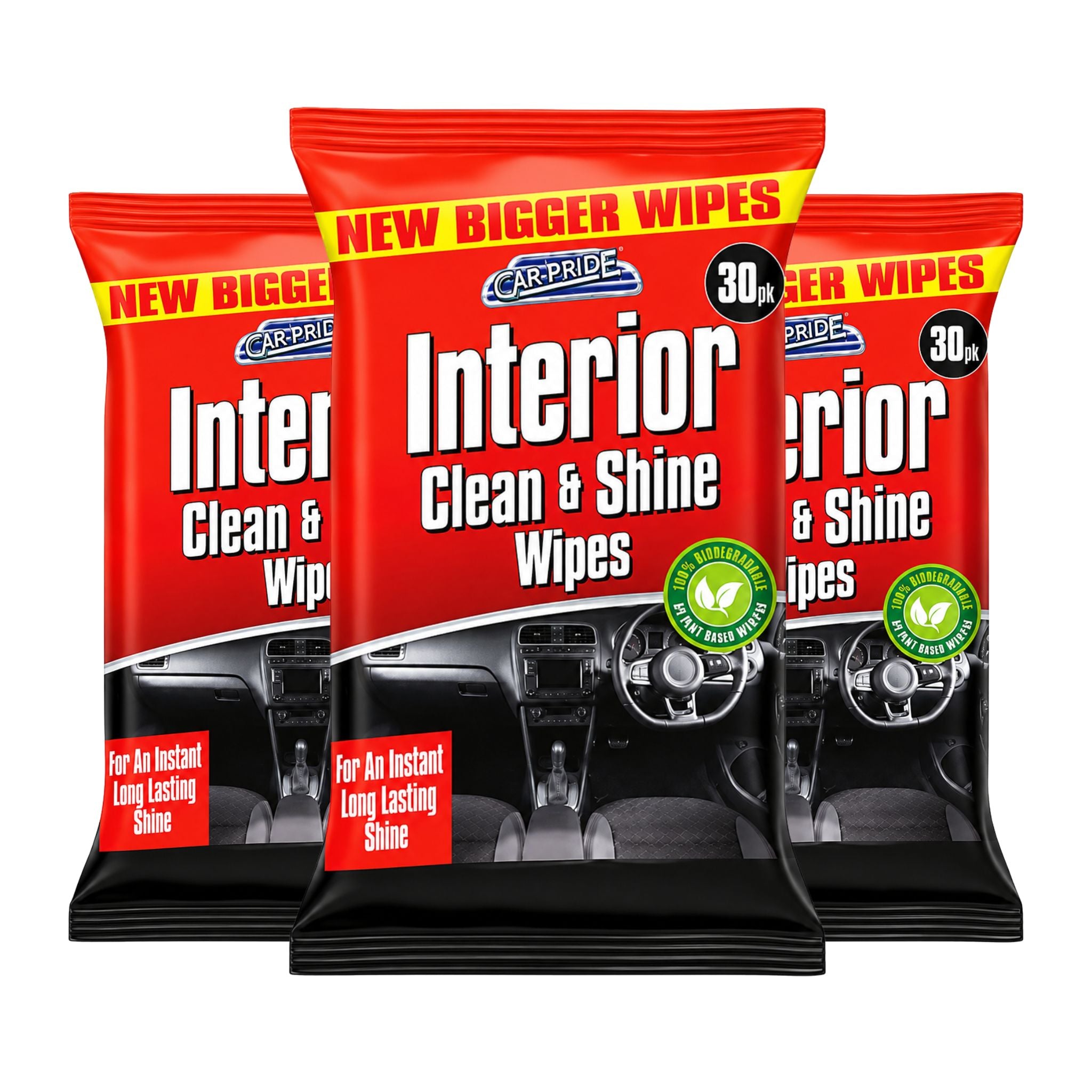 Three packages of Car-Pride Interior Clean & Shine Wipes on a white background