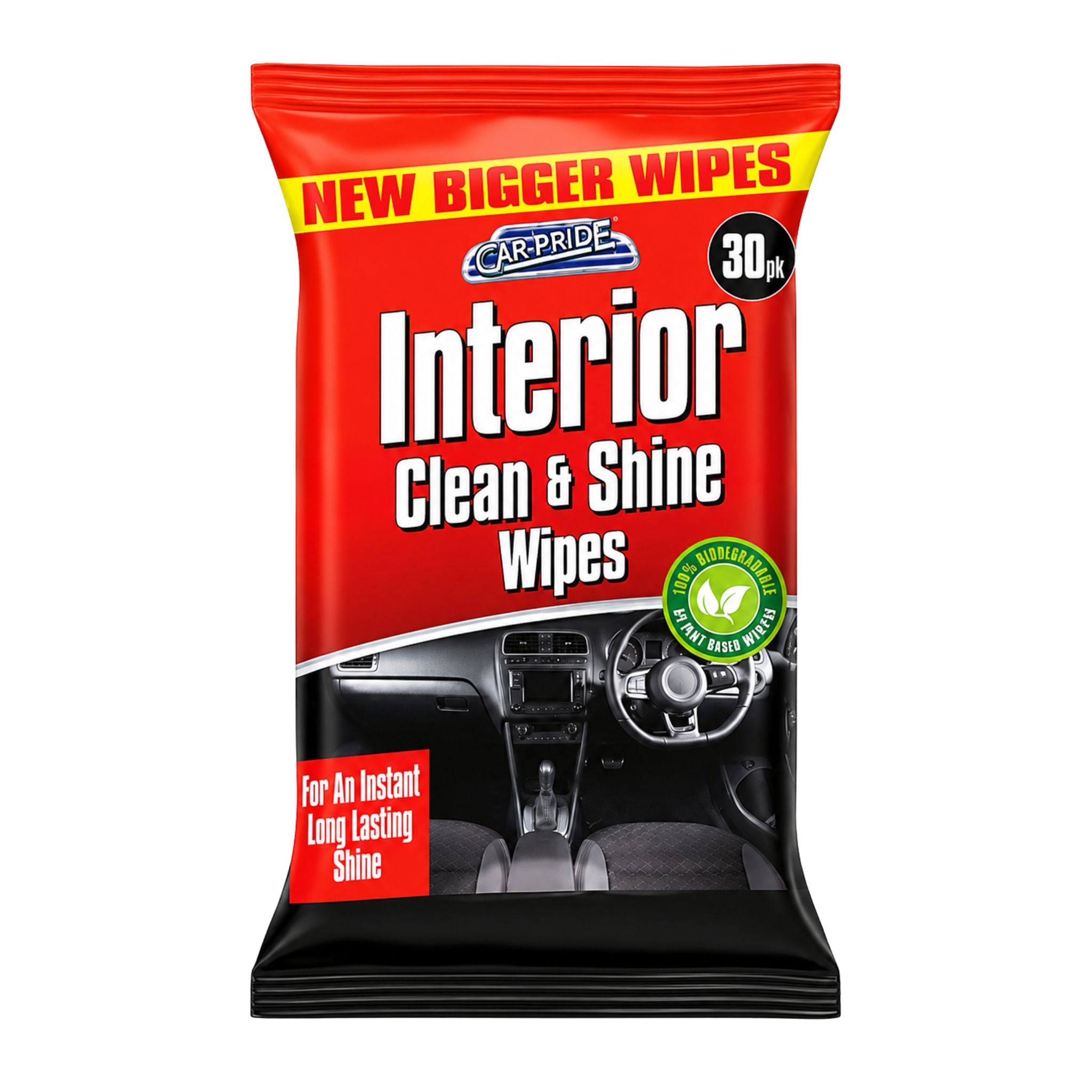 Pack of CarPride interior clean and shine wipes on a white background