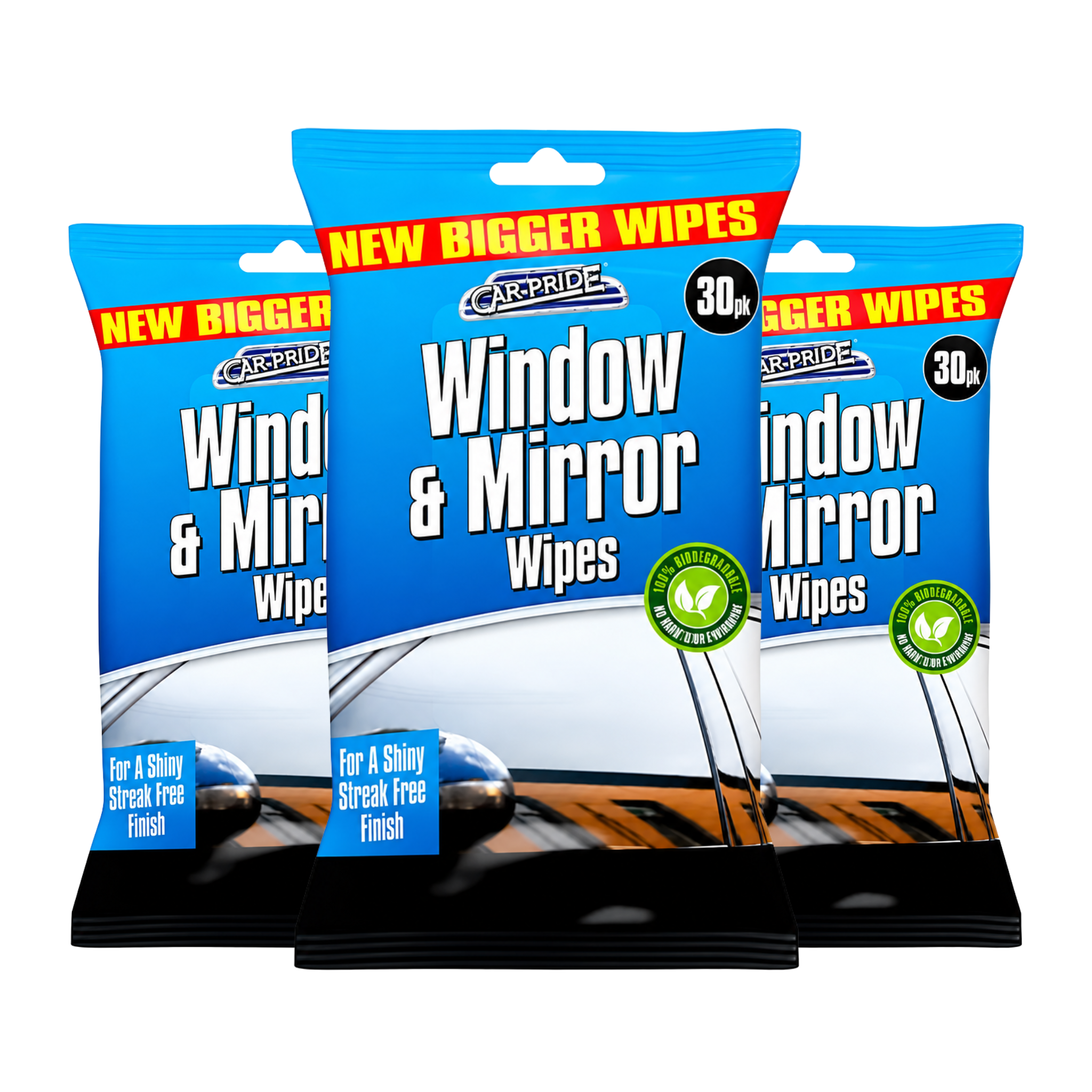 Three packages of Carpride window and mirror wipes on a white background