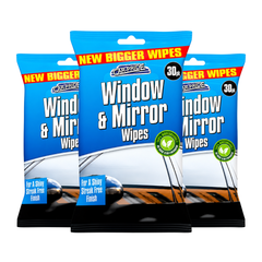 Three packages of Carpride window and mirror wipes on a white background