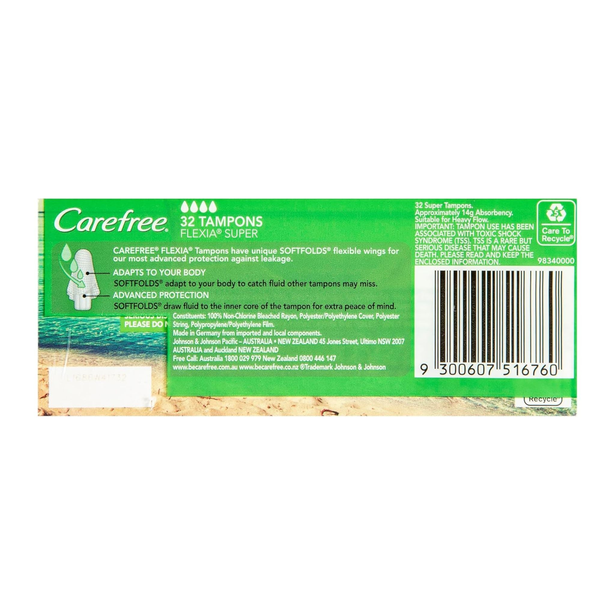 Carefree tampons packaging with green label on a white background