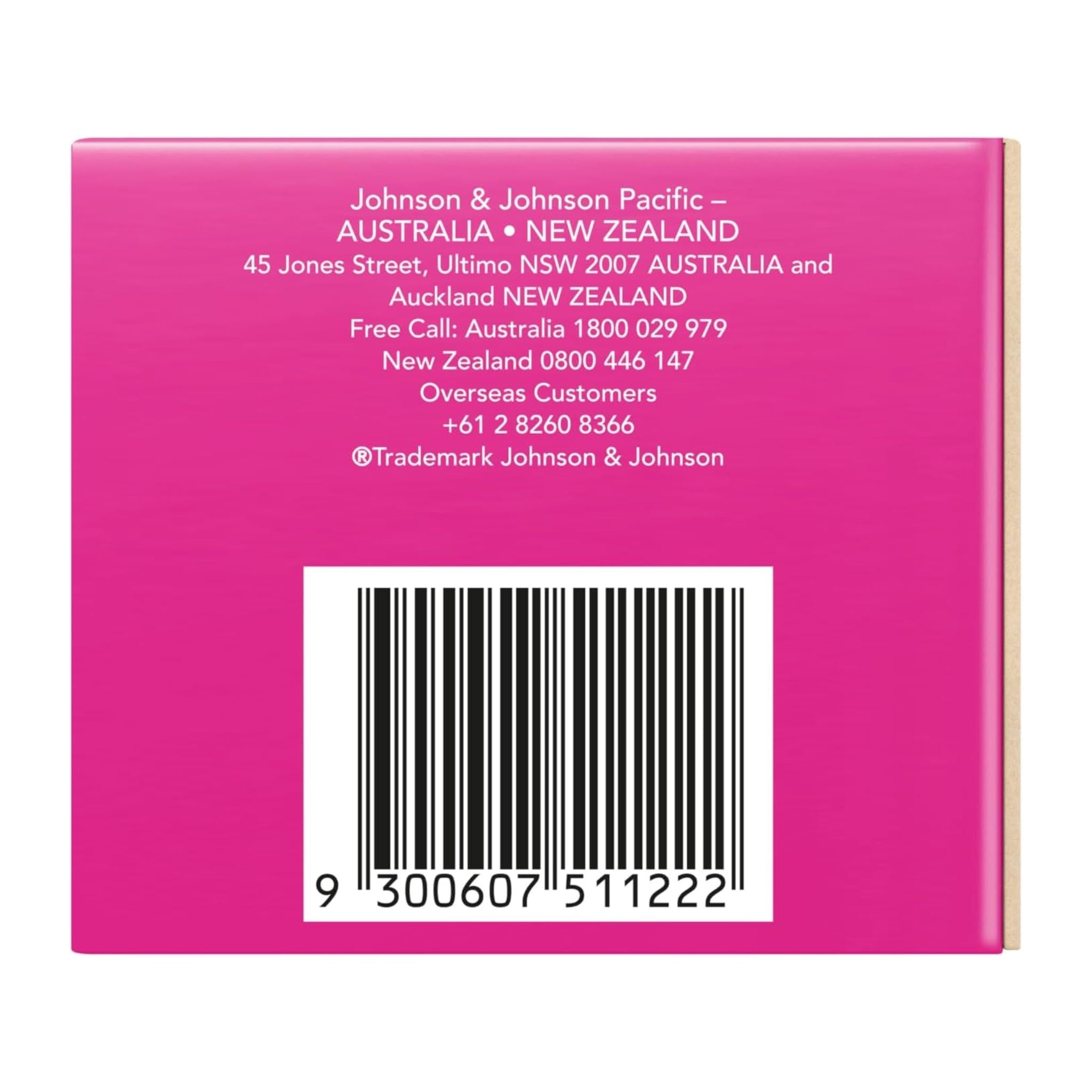 Back of a pink product box with Johnson & Johnson contact information and barcode.