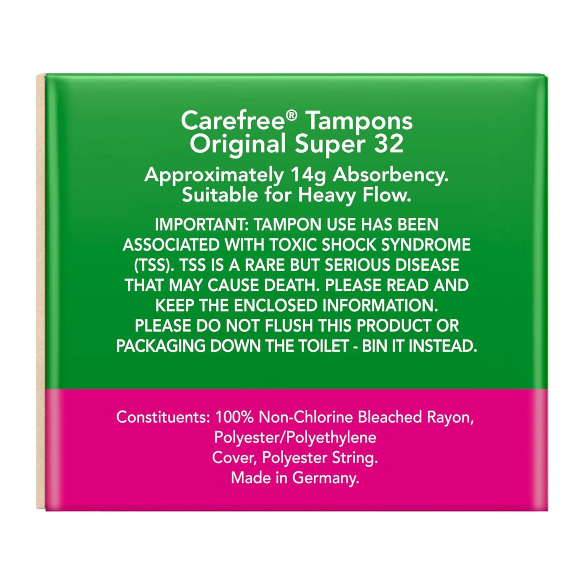 Carefree Tampons Original Super 32 packaging with green and pink design.