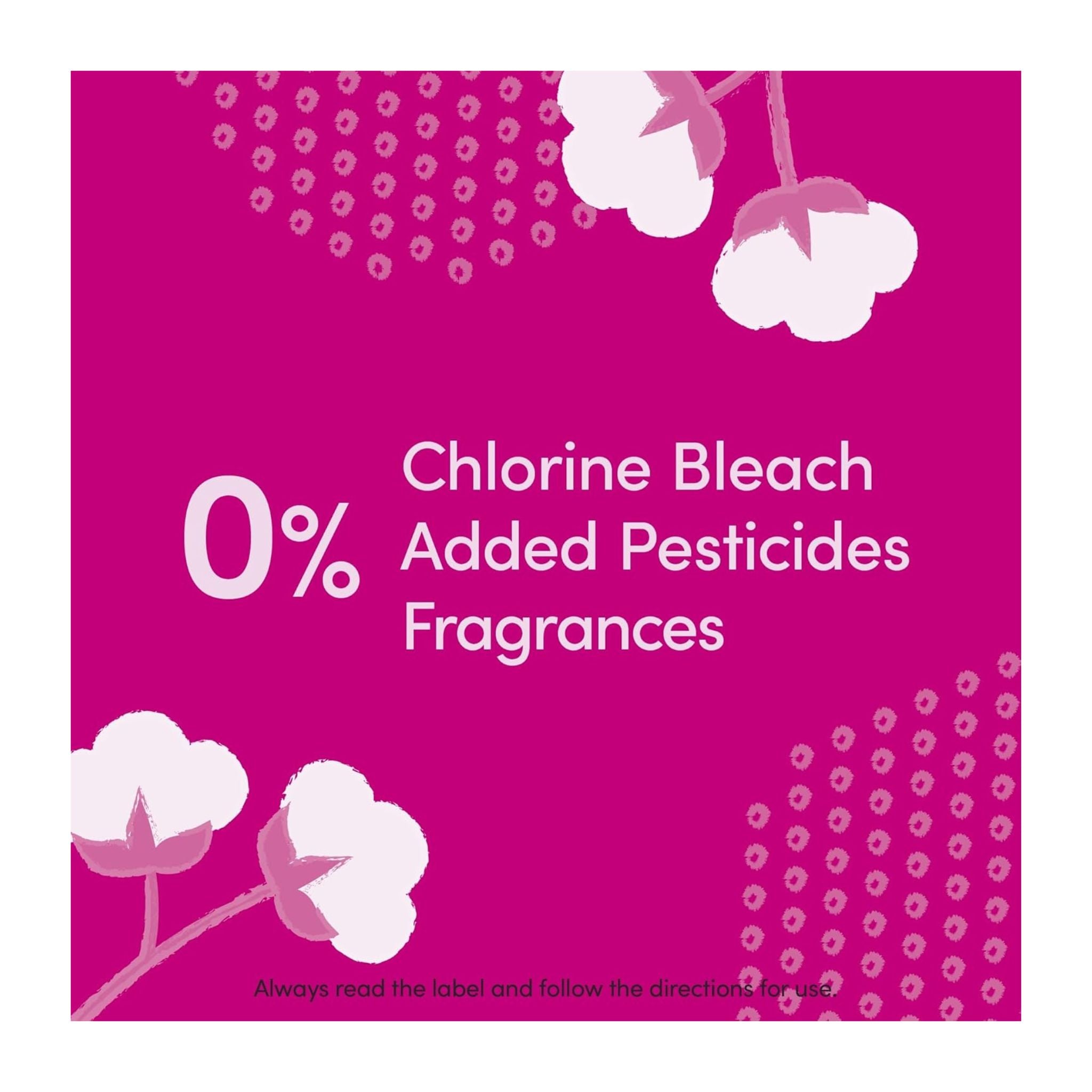 Product label with text '0% Chlorine Bleach Added Pesticides Fragrances' on a pink background with floral designs.