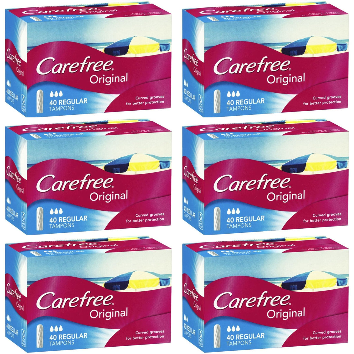 Six boxes of Carefree Original Regular Tampons, each containing a 40 pack of tampons against a white background.