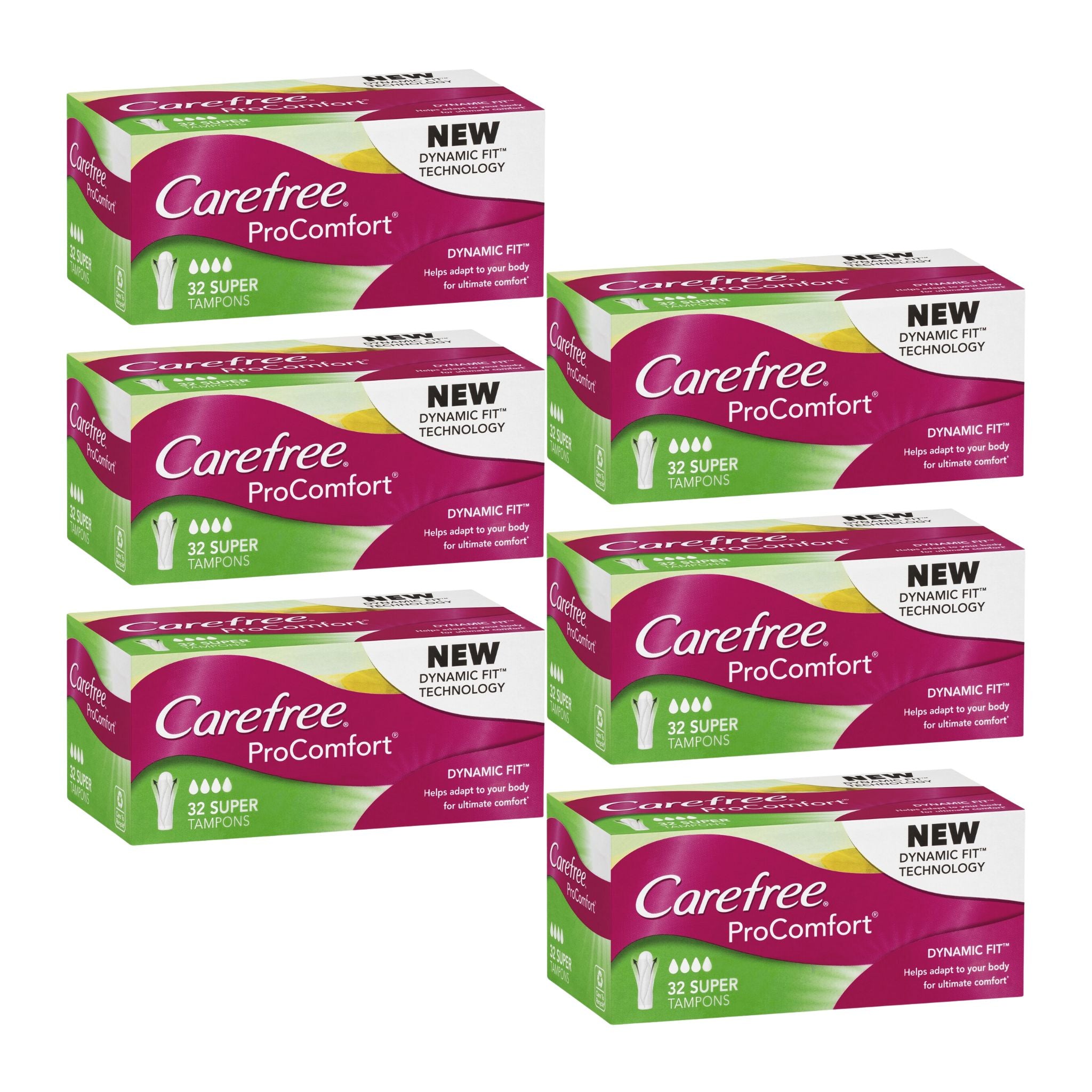 Multiple boxes of Carefree ProComfort tampons on a white background