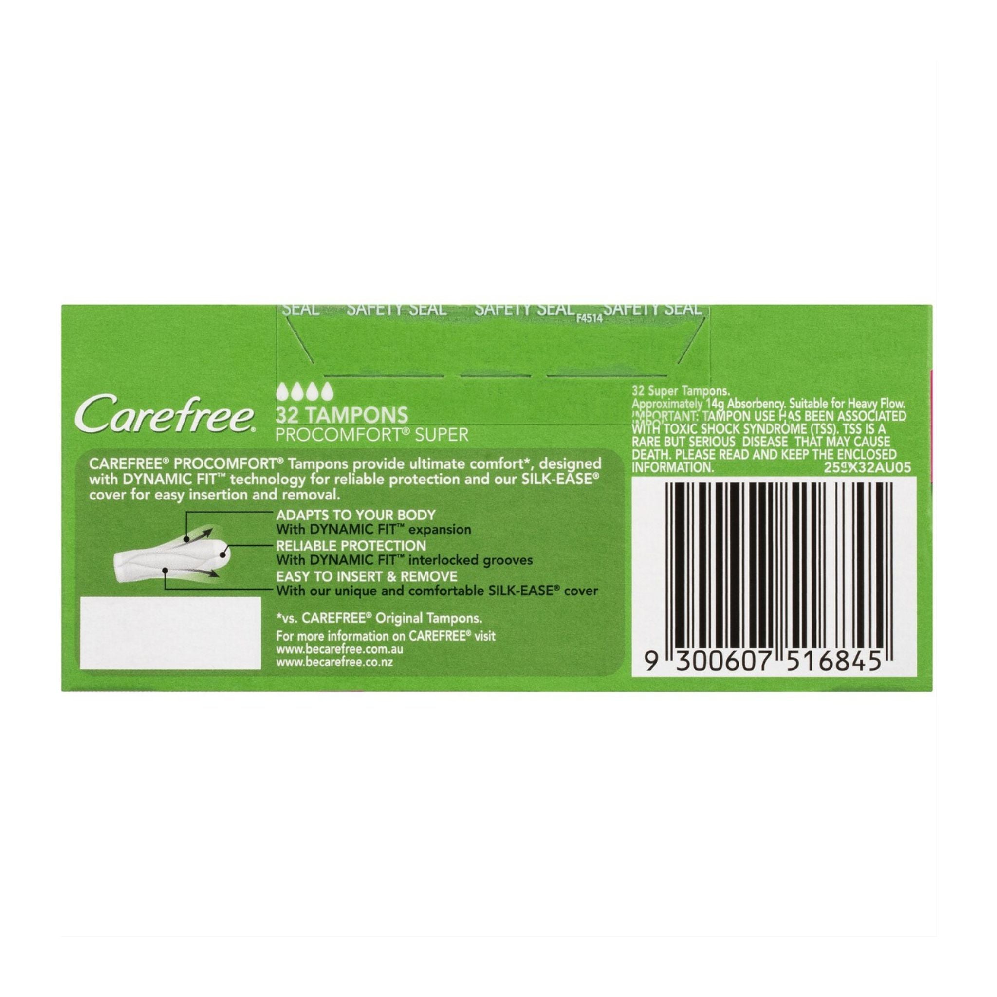 Carefree tampon packaging with green background and white text