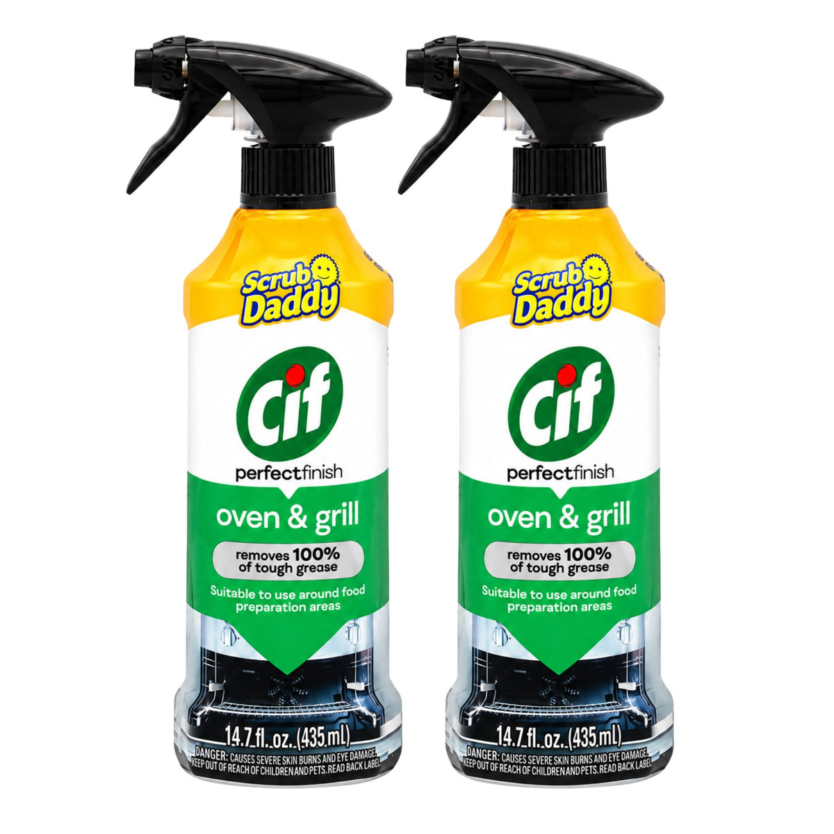 Two bottles of Cif Perfect Finish oven and grill cleaning spray shown side by side on a white background.