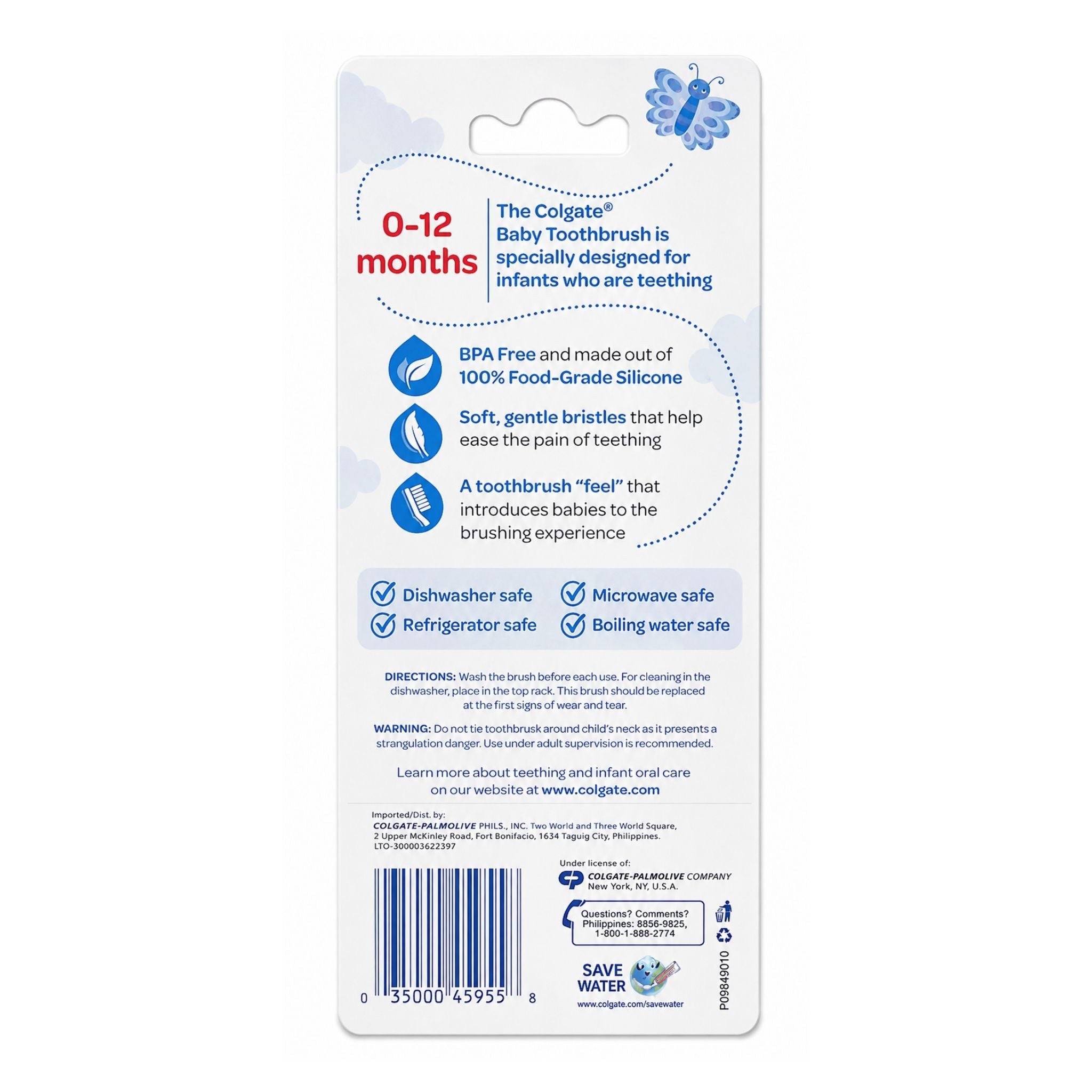The back of a Colgate baby toothbrush retail card, showing product information, features, directions, and a barcode on a white background.