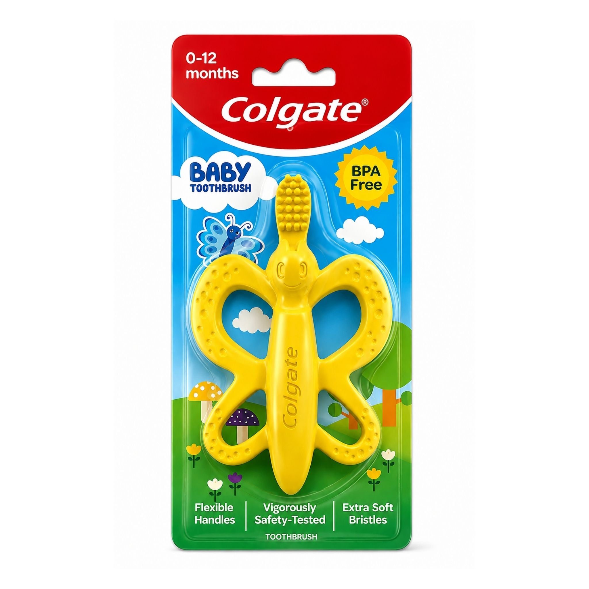 A yellow Colgate baby toothbrush with flexible handles, packaged on a colorful blue, red, and green Colgate retail card.