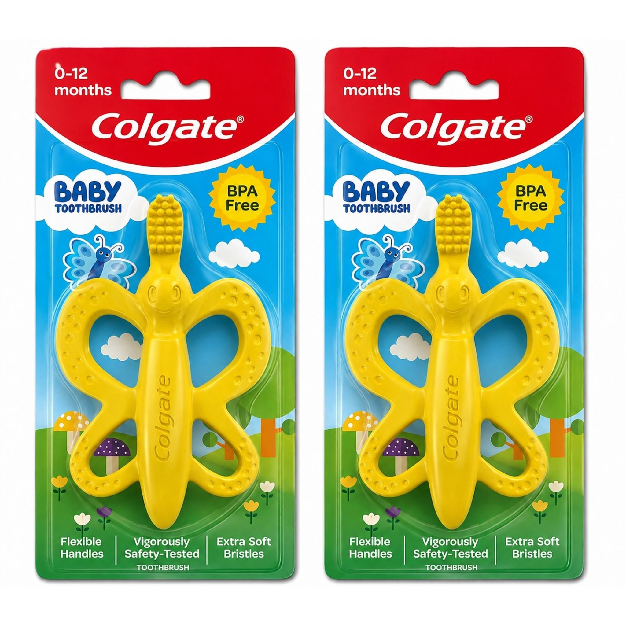 Two packages of Colgate Baby Toothbrushes side by side on a white background. The toothbrushes are bright yellow with a butterfly-shaped handle and a soft silicone teether head.