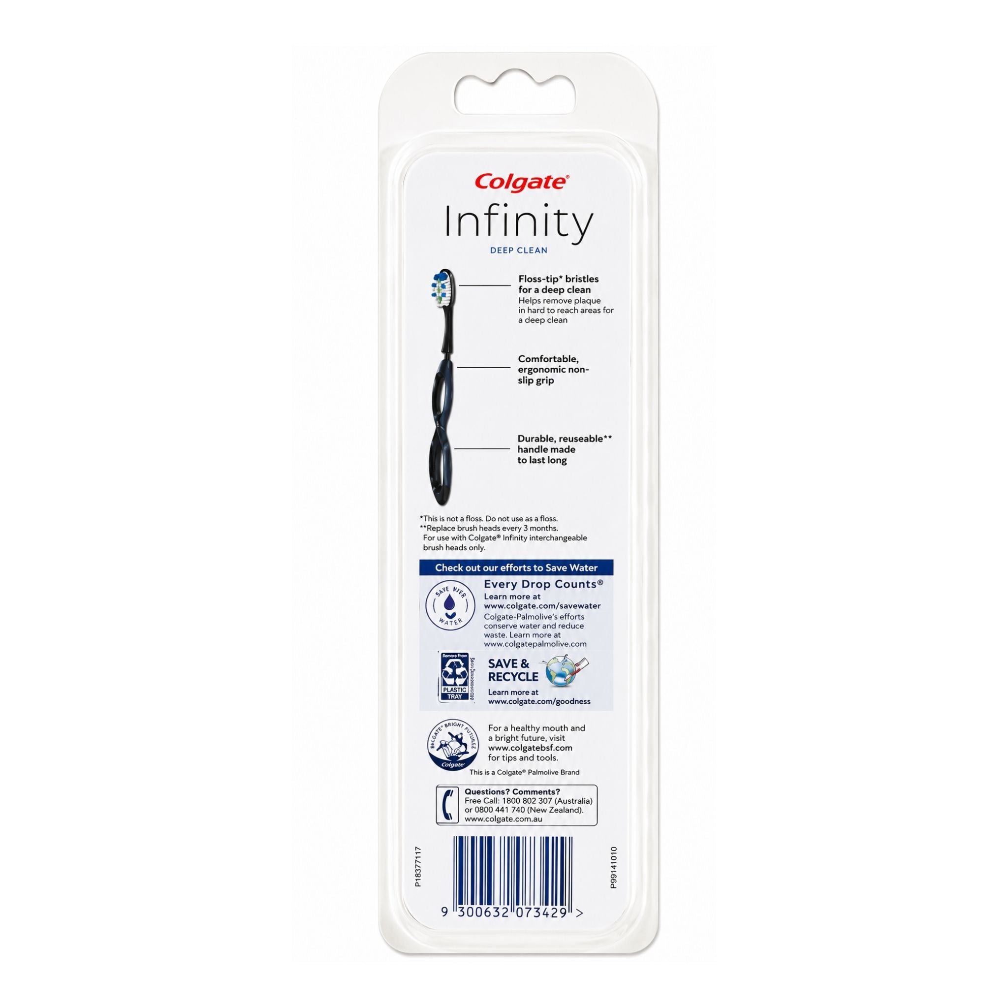 Colgate Infinity Deep Clean toothbrush in its original white blister packaging, showing the black and blue bristles and product features printed on the back.