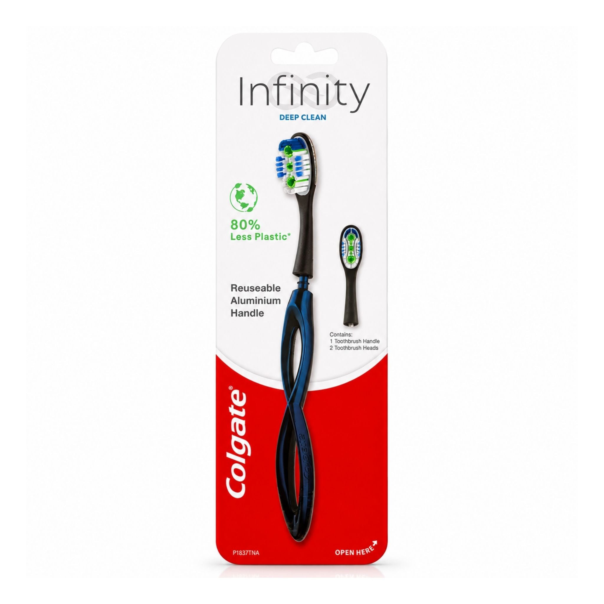 Colgate Infinity Deep Clean reusable toothbrush handle in its original retail packaging, featuring a black and blue handle with green and white bristles.