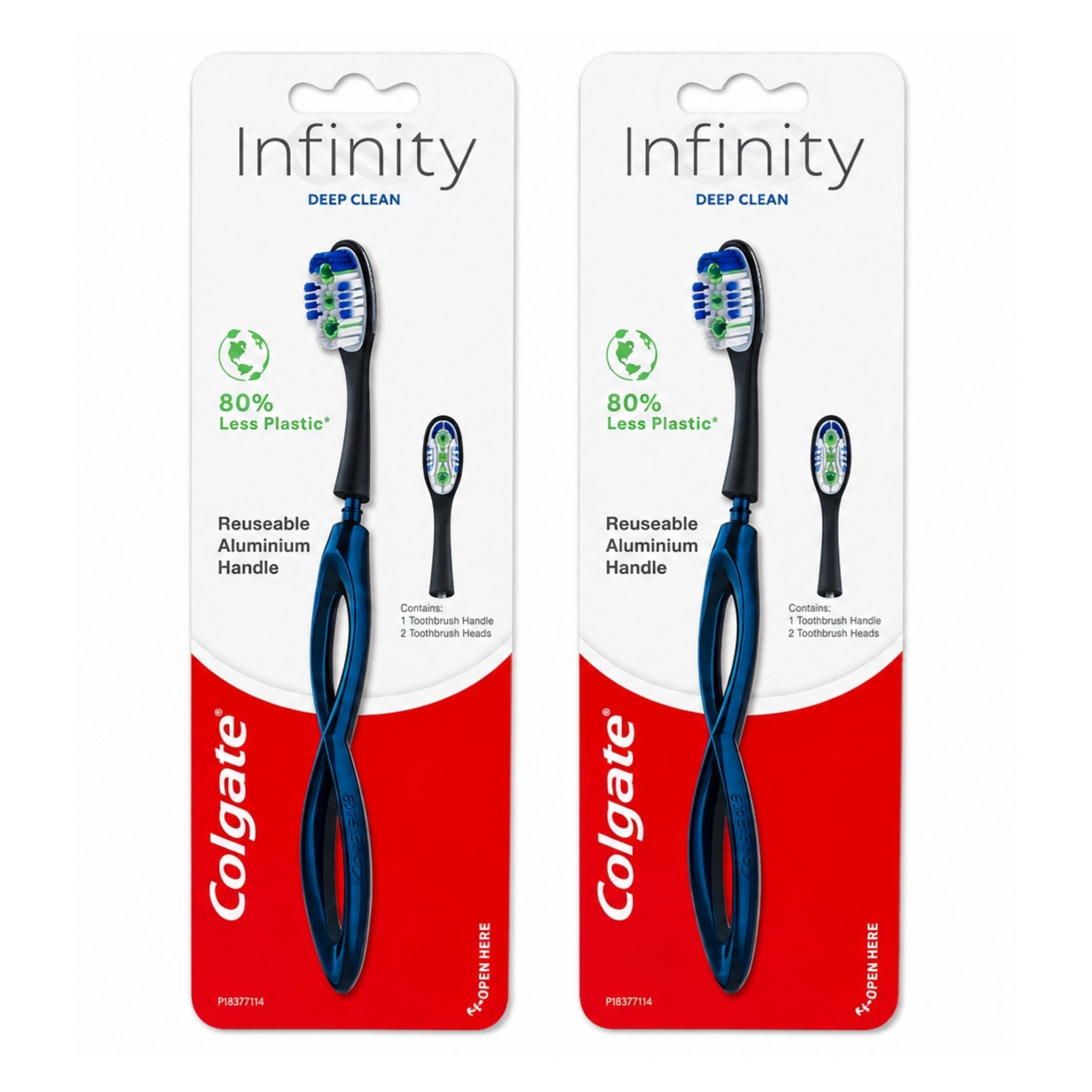 Two Colgate Infinity Deep Clean reusable toothbrush handles in retail packaging, shown side by side on a white background.