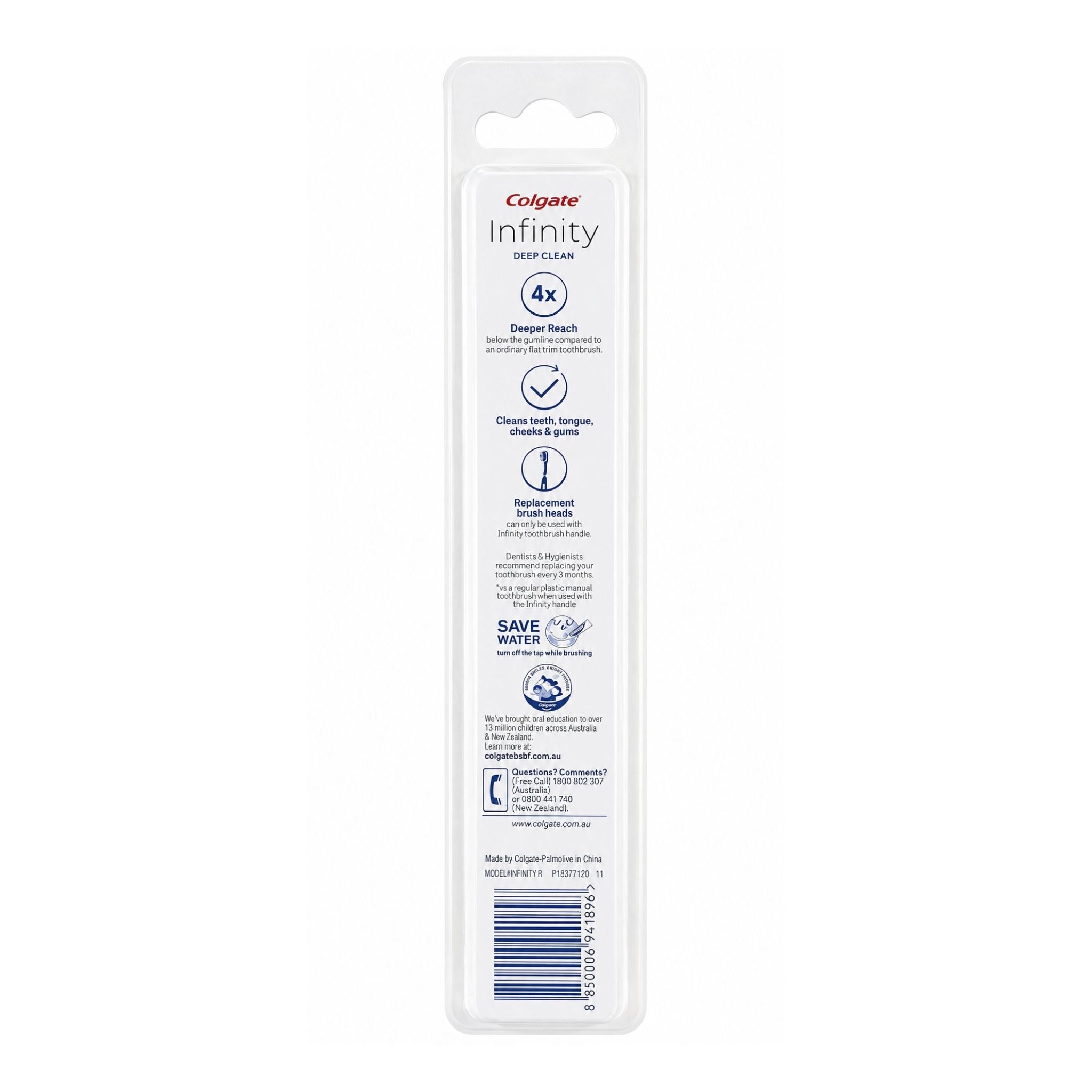 Colgate Infinity Smart Brush 4K replacement brush heads in a clear plastic blister pack with white backing, shown against a plain white background.