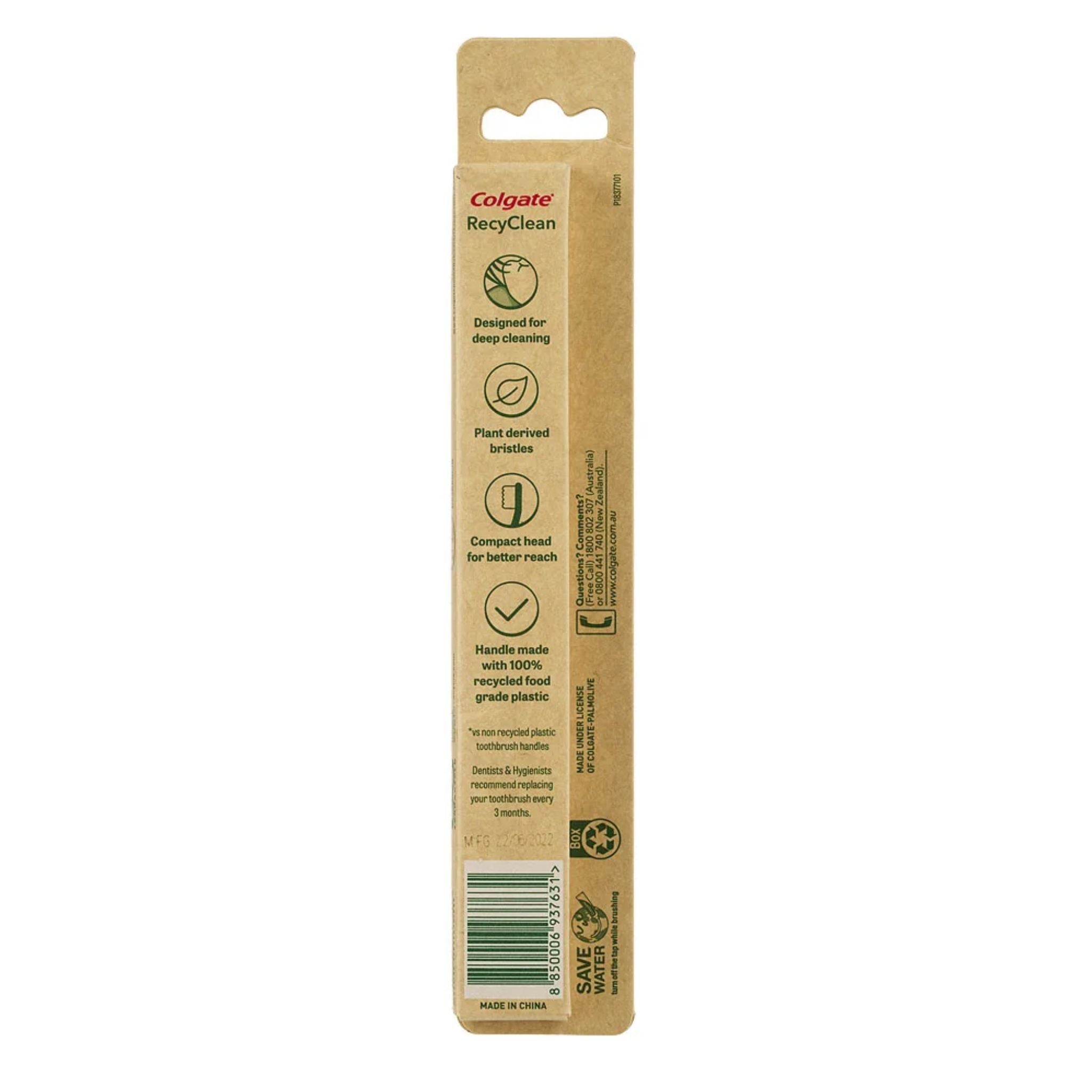 Colgate RecyClean toothbrush brush handle in a kraft paper packaging sleeve, featuring product details and a barcode on a white background.