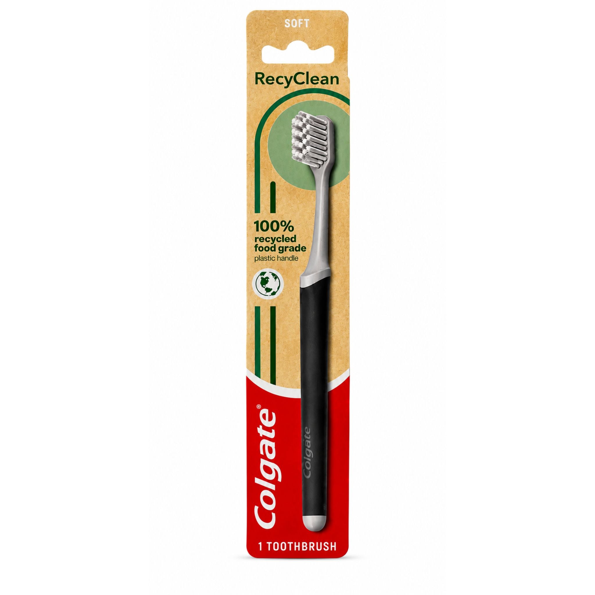 A Colgate RecyClean 1 toothbrush in its original retail packaging, featuring a black handle, silver ferrule, and soft bristles on a beige and red card.
