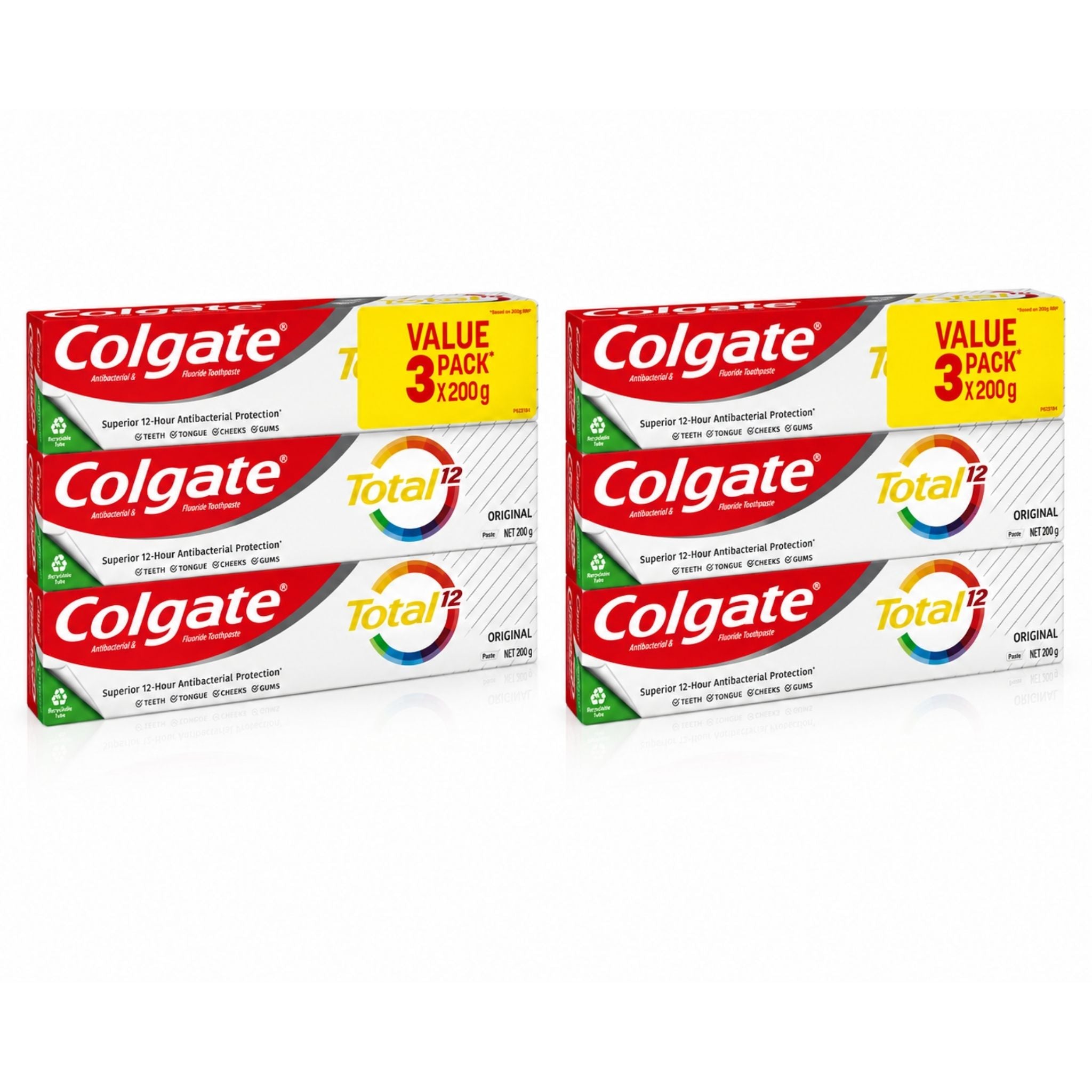 Two boxes of Colgate Total 12 Professional Prevention toothpaste in a 3-pack value offer, each containing 200g, shown on a white background with a soft reflection.