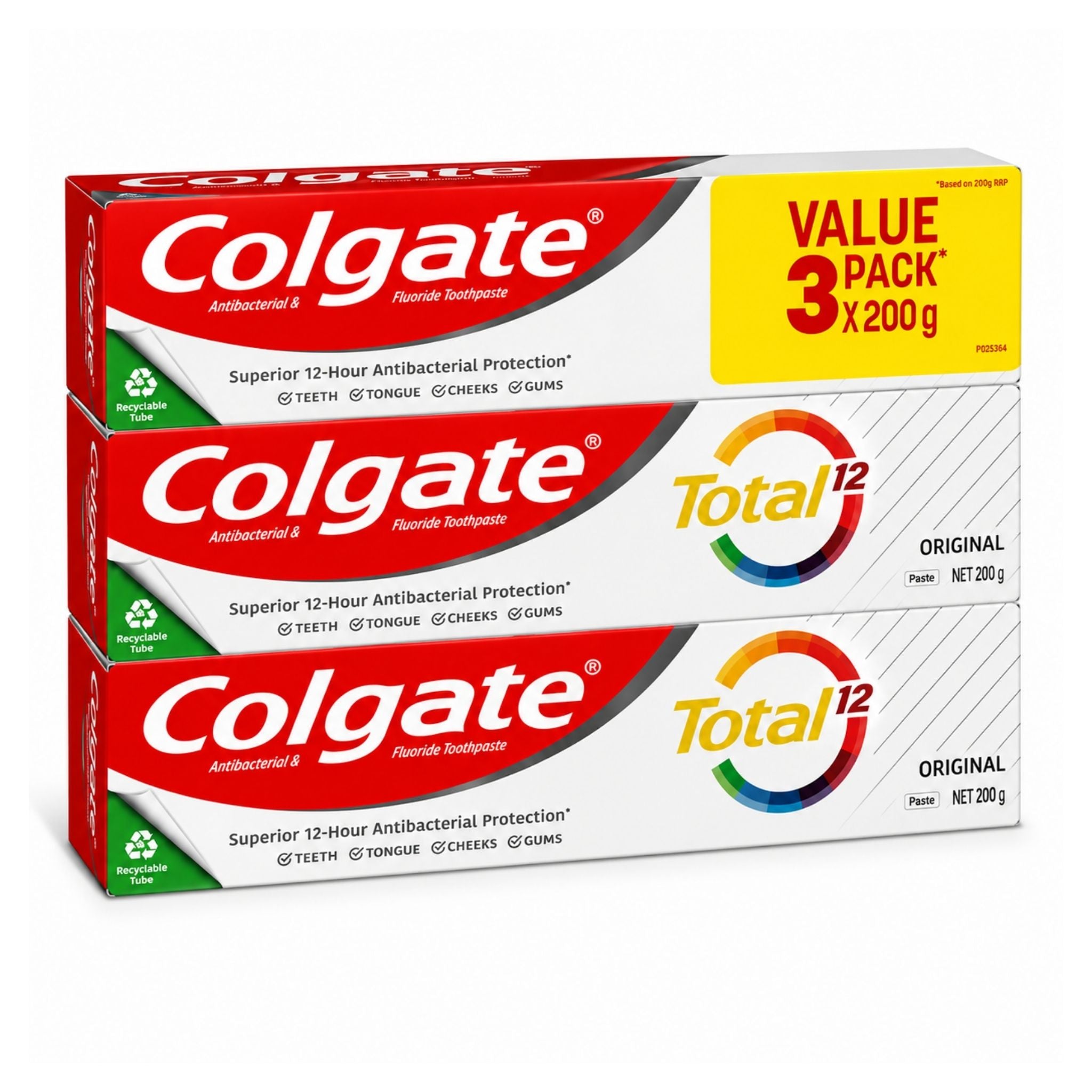 Three boxes of Colgate Total 12 Original toothpaste in a 3-pack of 200g tubes, displayed on a clean white background.