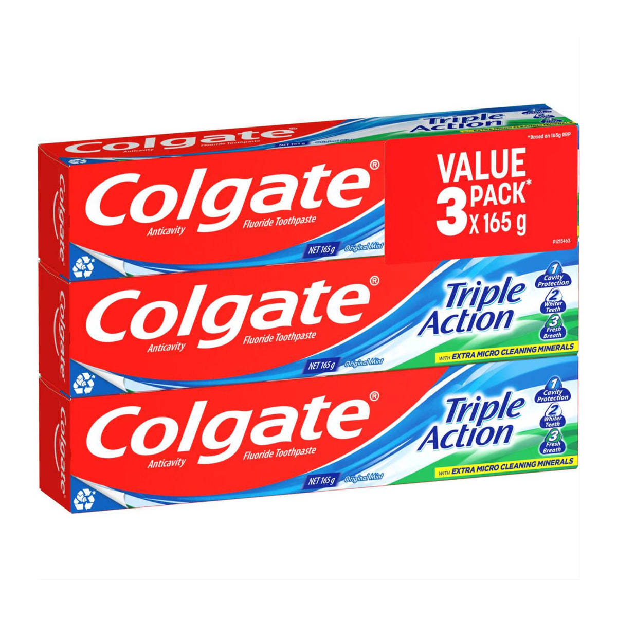 Colgate Triple Action toothpaste value pack on a white background