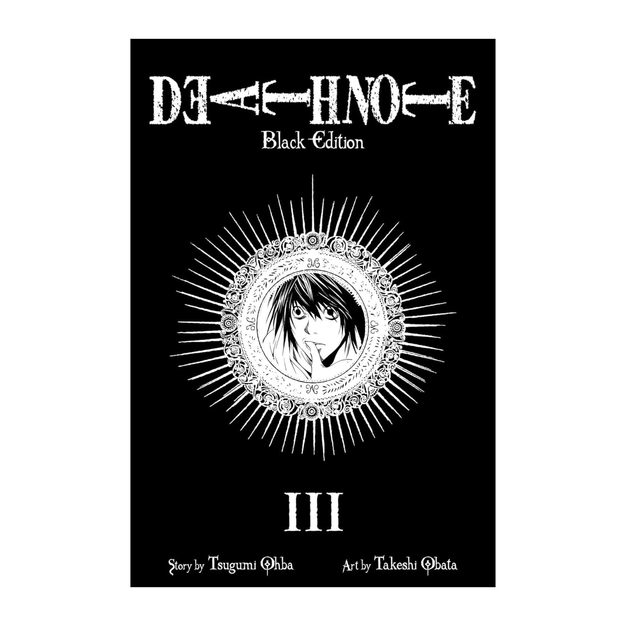 Book cover of 'Death Note Black Edition' with a black background and white text and illustrations.