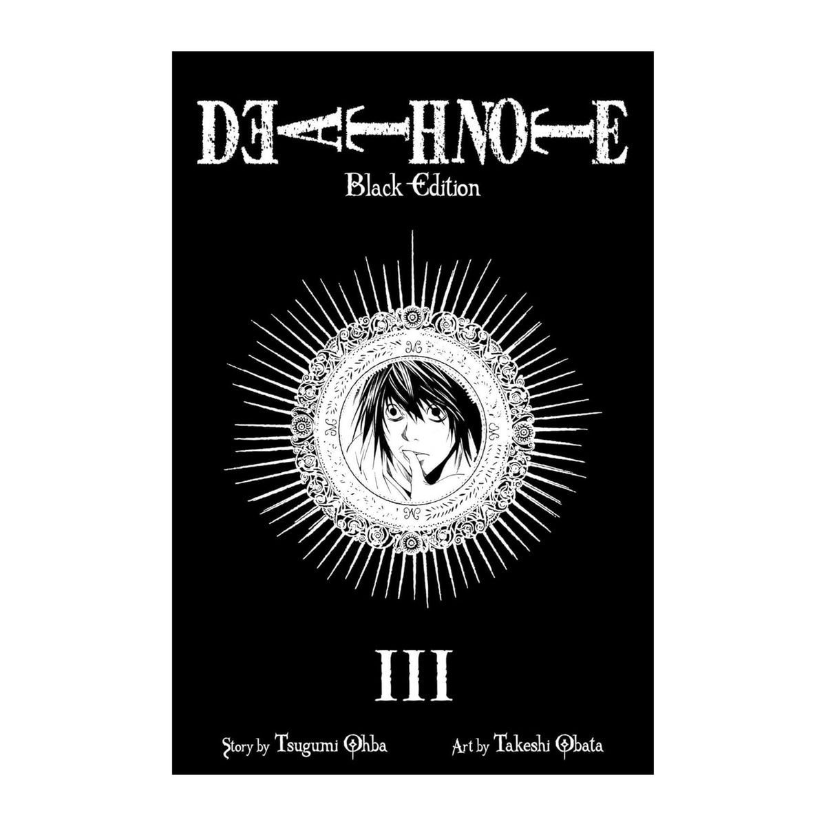Book cover of 'Death Note Black Edition' with a black background and white text and illustrations.