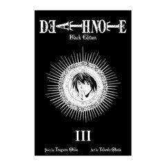 Book cover of 'Death Note Black Edition' with a black background and white text and illustrations.