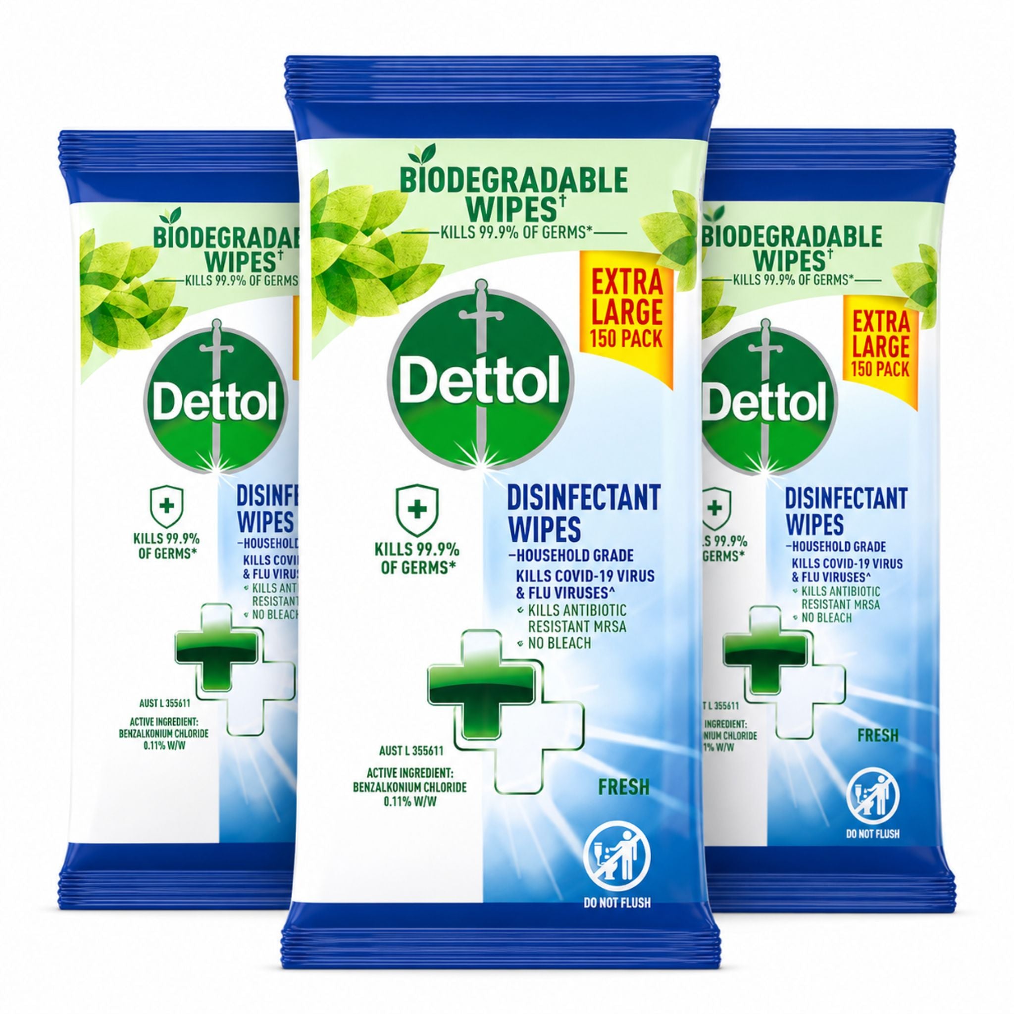 Three packages of Dettol biodegradable wipes on a white background