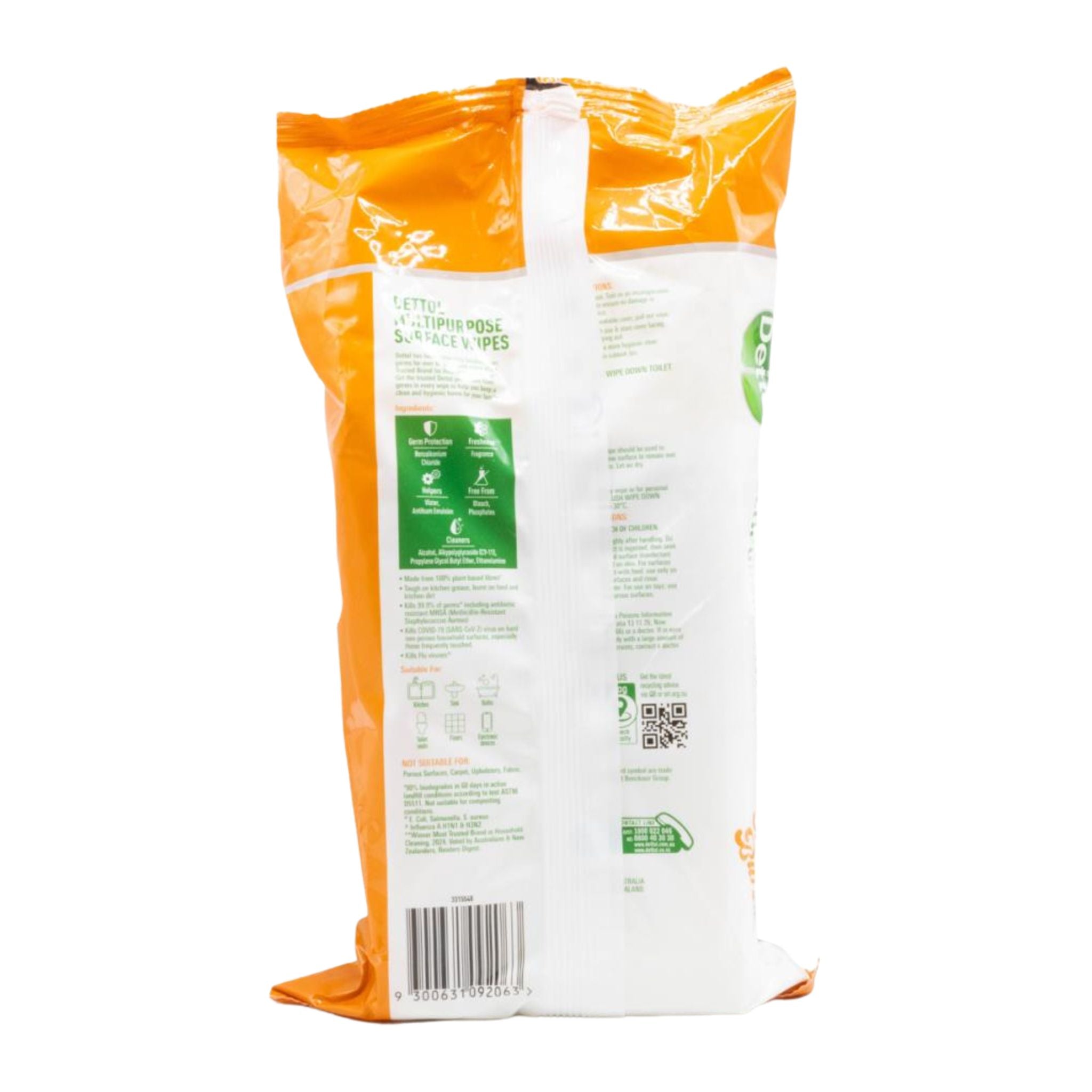 Back view of a white and orange package with text and a QR code on a white background
