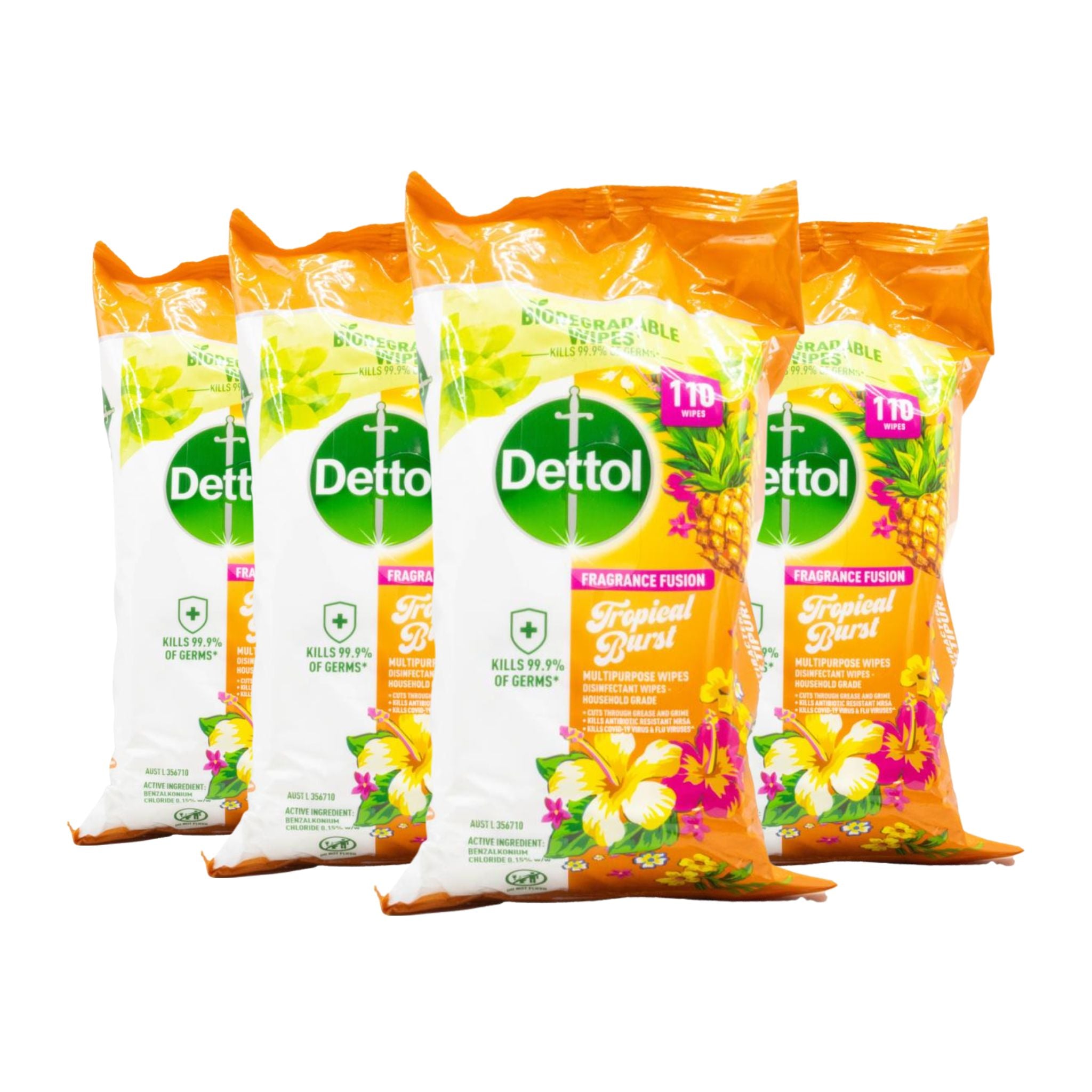 Five packages of Dettol Tropical Burst disinfectant wipes on a white background