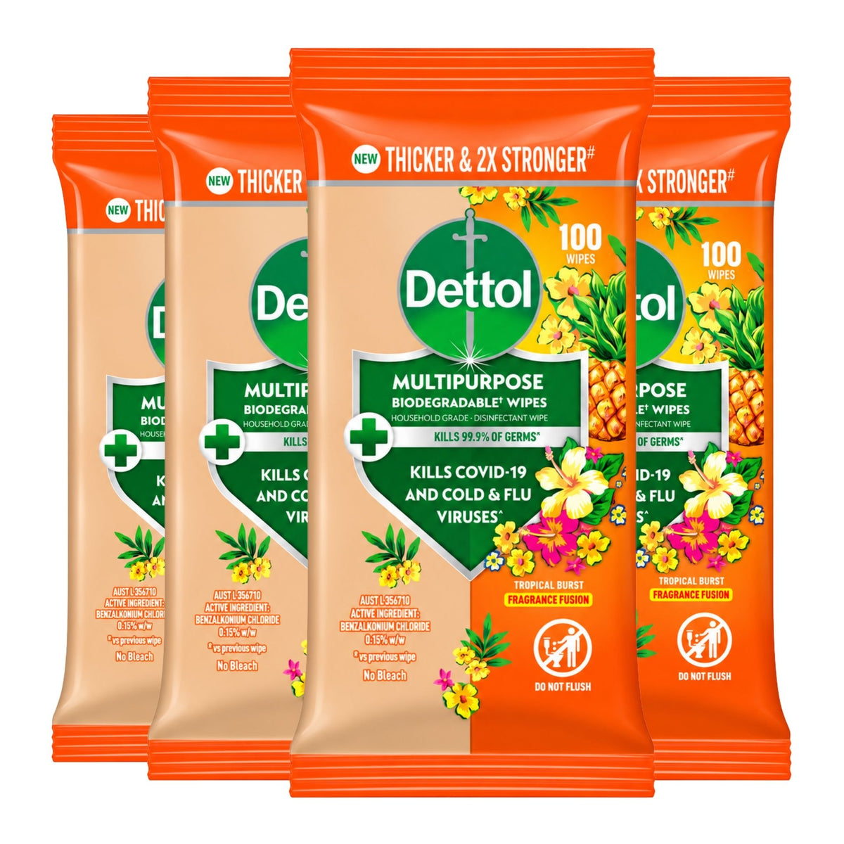 Four Dettol MultiPurpose wipes pouches arranged in a fan shape on a plain white background. The front pouch is orange with green, white, and yellow floral graphics, while the rear pouches are beige with green and white graphics.