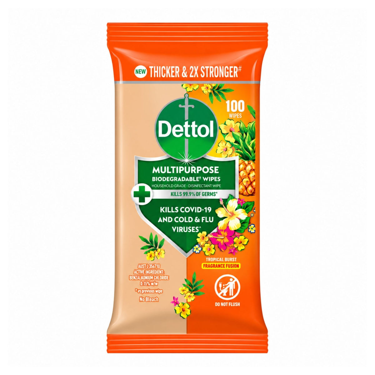 A single pack of Dettol Multipurpose Biodegradable Wipes in Tropical Mint fragrance, featuring a bright orange and beige design with green and white branding and illustrations of tropical fruits and flowers.