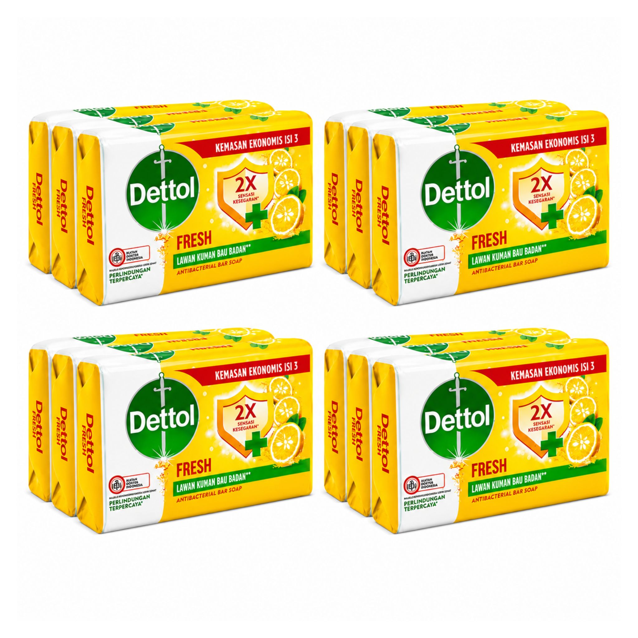 Multiple boxes of Dettol Fresh soap on a white background