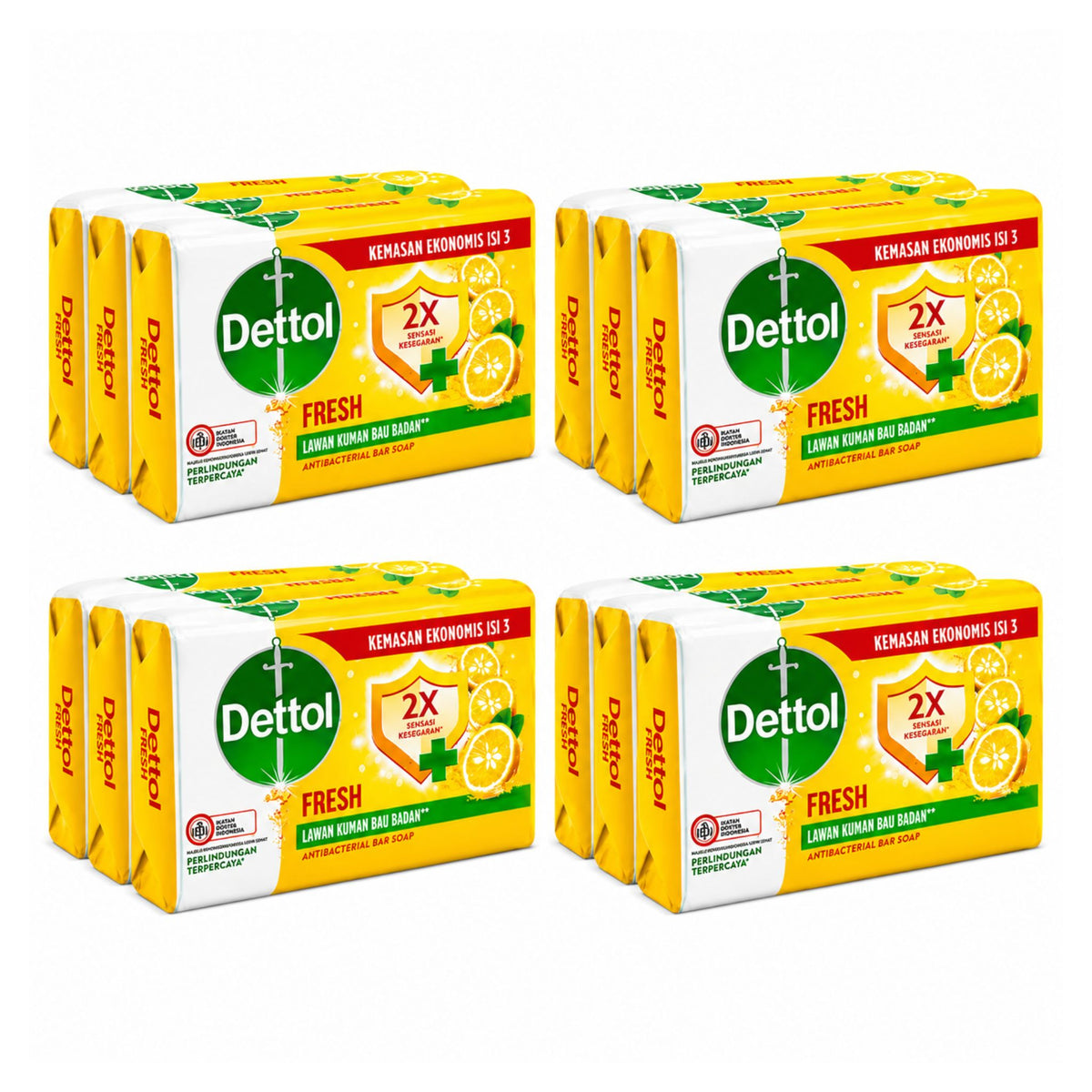 Multiple boxes of Dettol Fresh soap on a white background