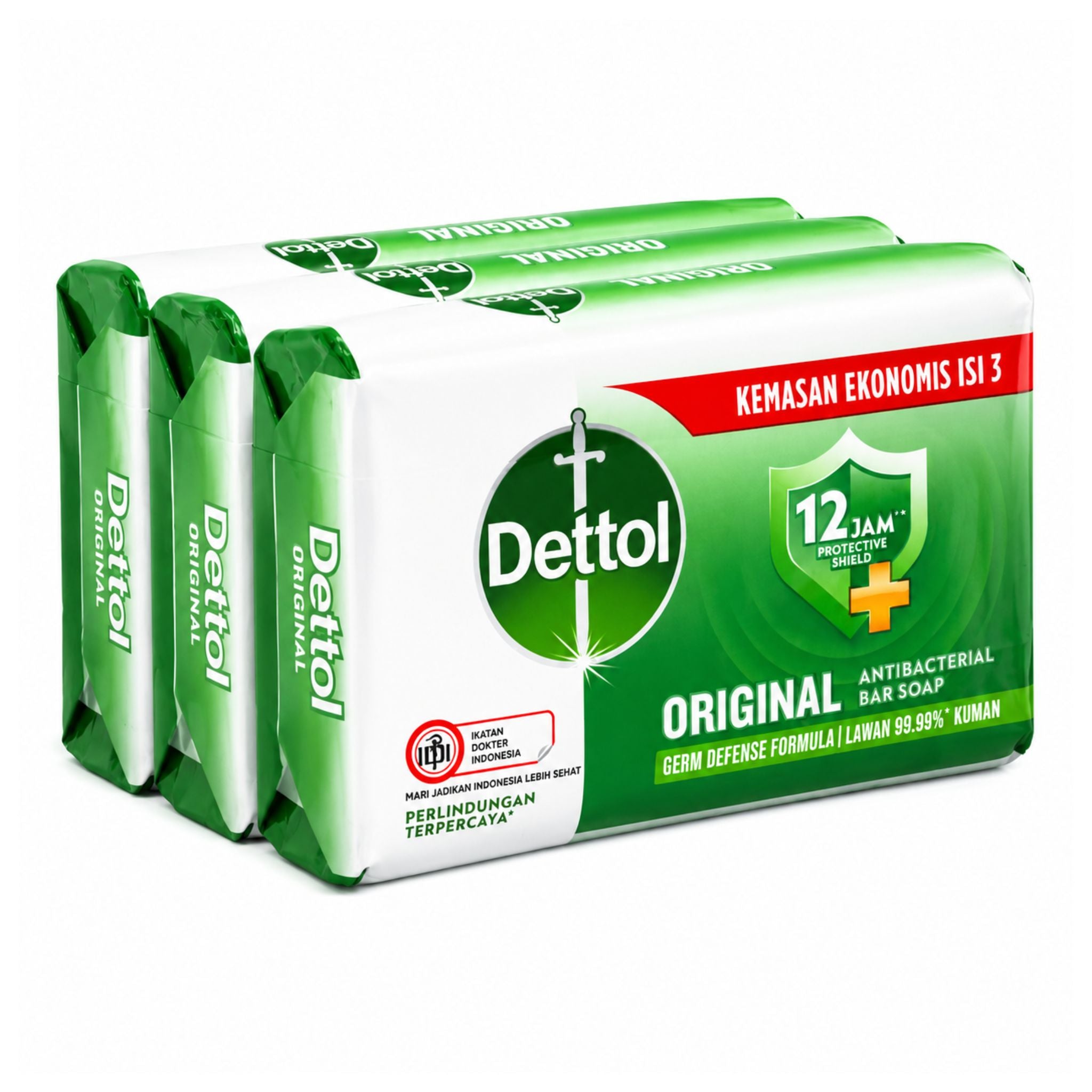 Pack of Dettol original antibacterial bar soap on a white background