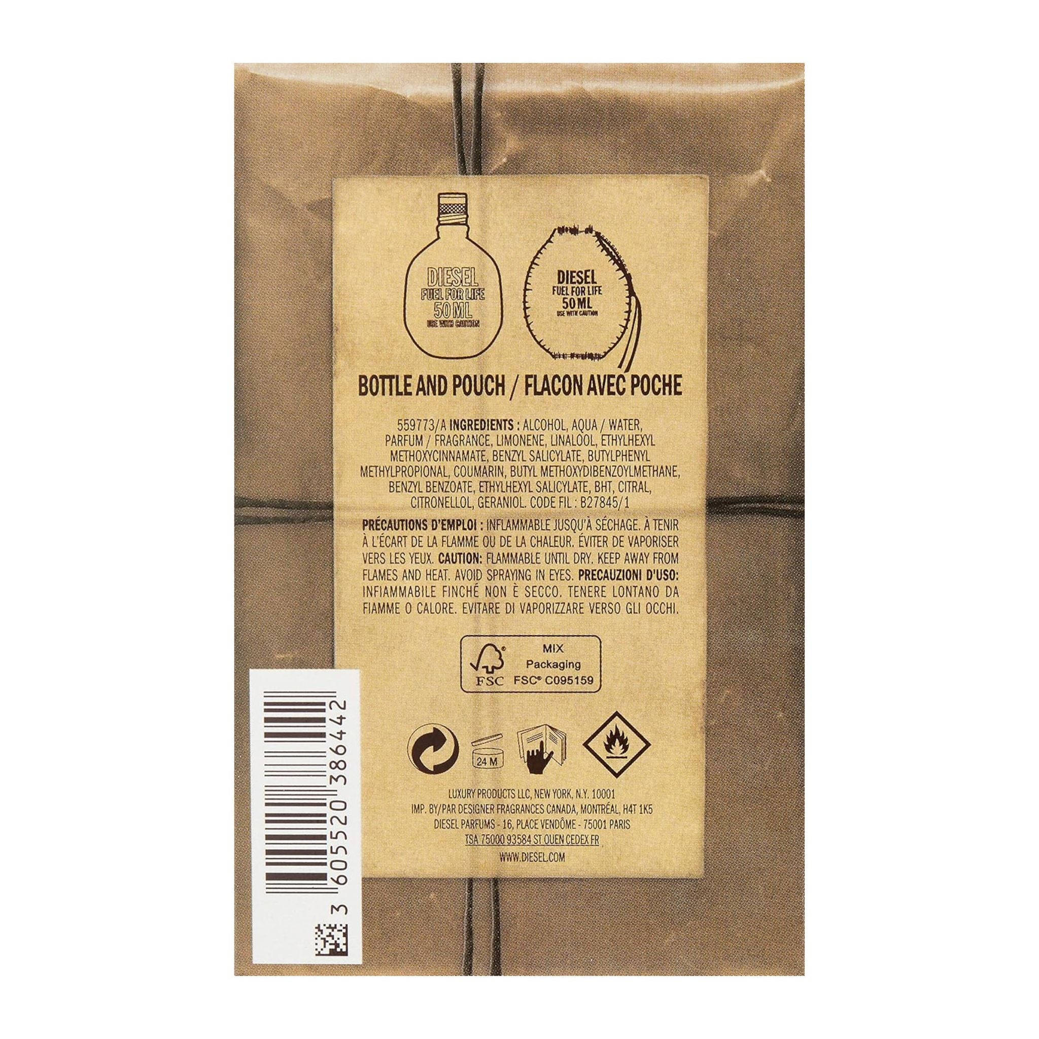 Back of a brown packaging with product details and branding on a white background