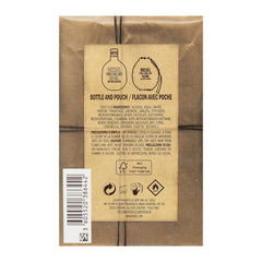 Back of a brown packaging with product details and branding on a white background