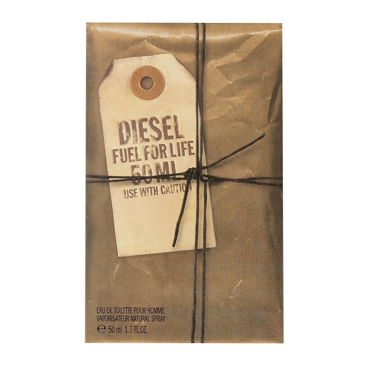 Packaged perfume with a brown paper wrapper and 'Diesel Fuel for Life' tag.