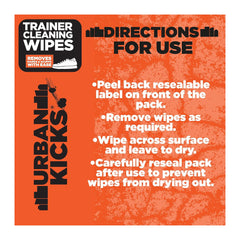 Instructions for using Urban Kicks Trainer Cleaning Wipes on an orange background