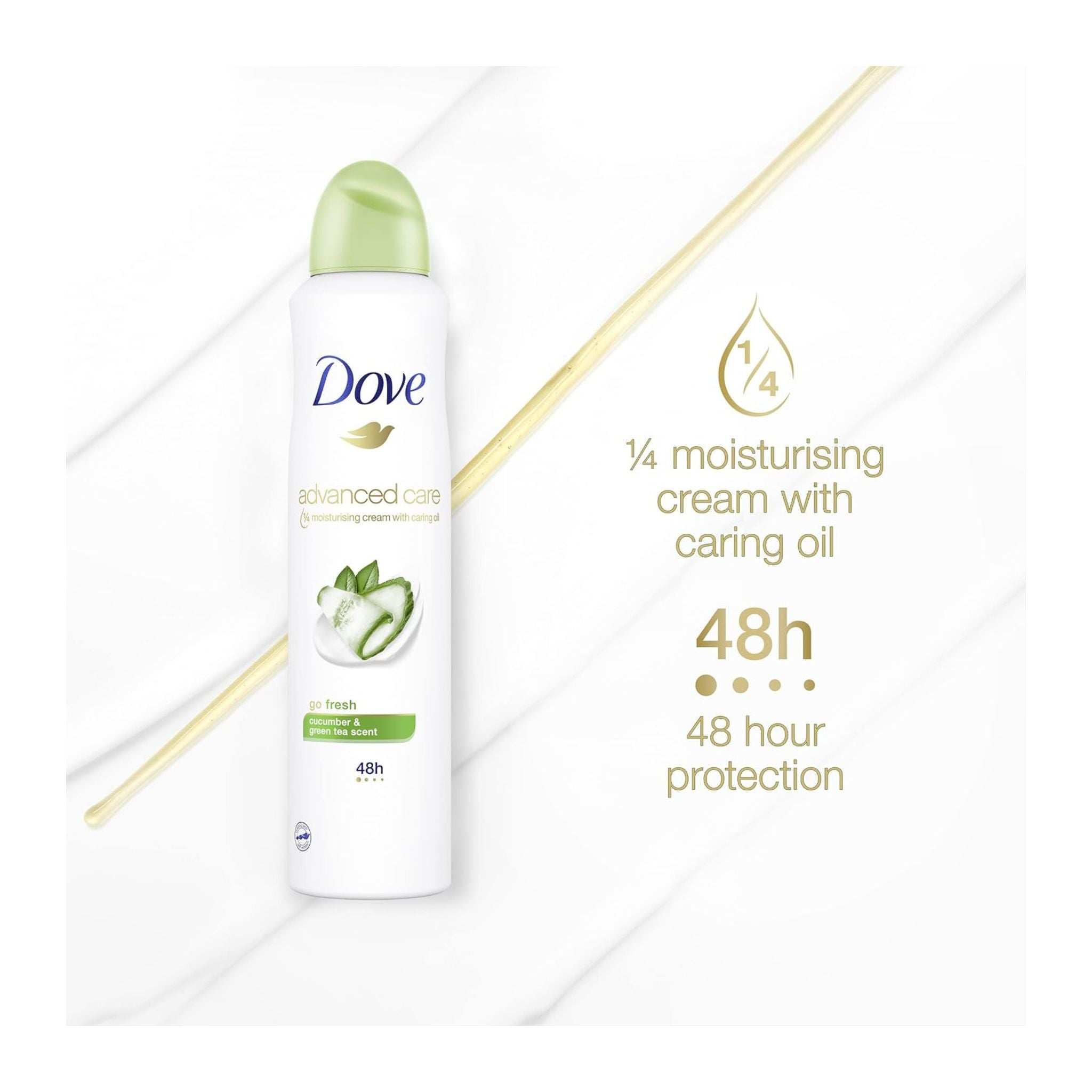 Dove deodorant spray bottle with product features on a white background