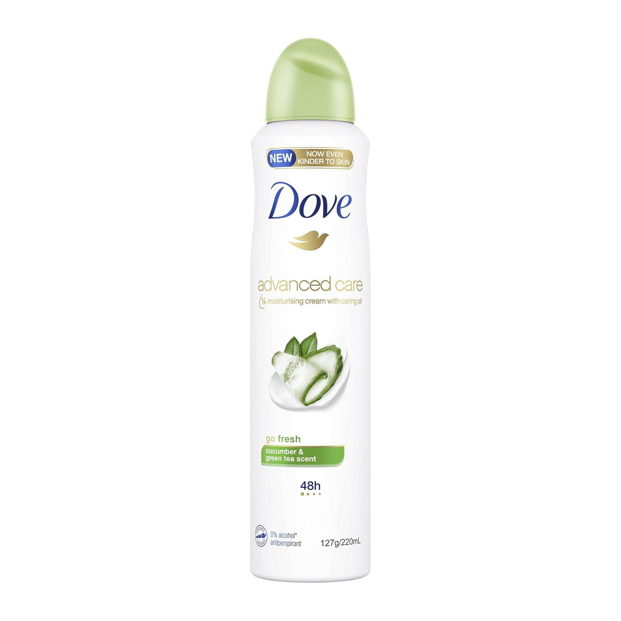 Dove deodorant spray bottle on a white background