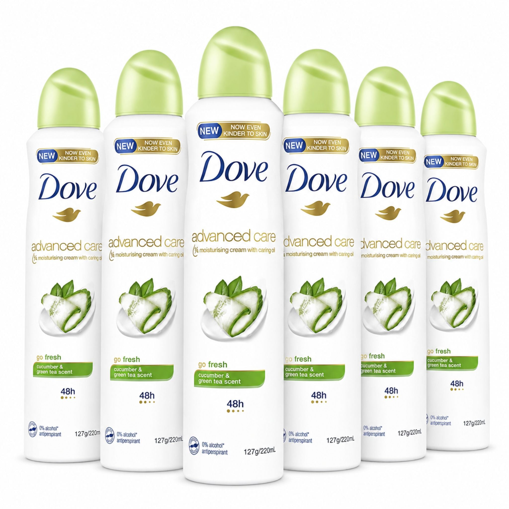 Six bottles of Dove Advanced Care deodorant on a white background