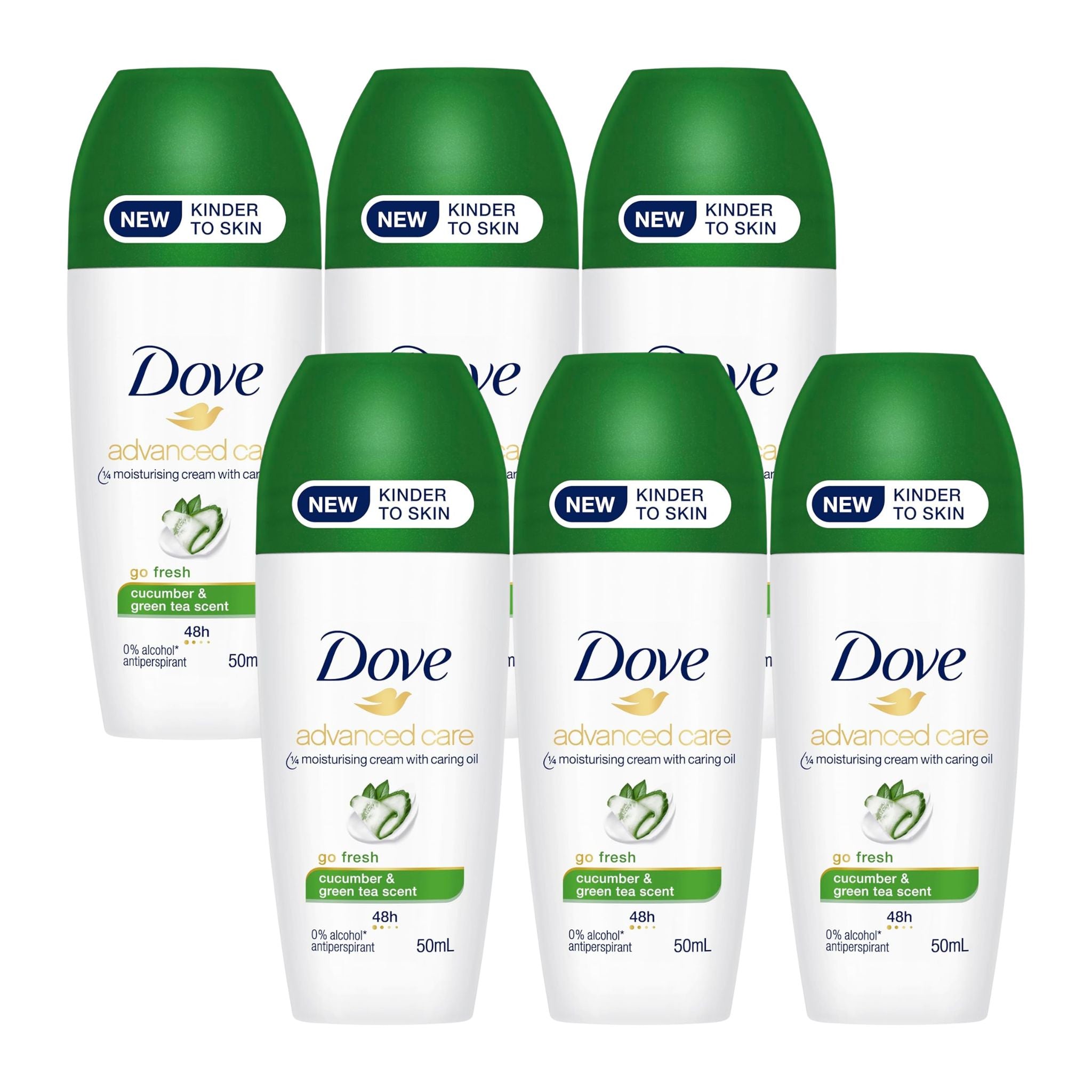 Set of Dove Advanced Care deodorants with green and white design on a white background