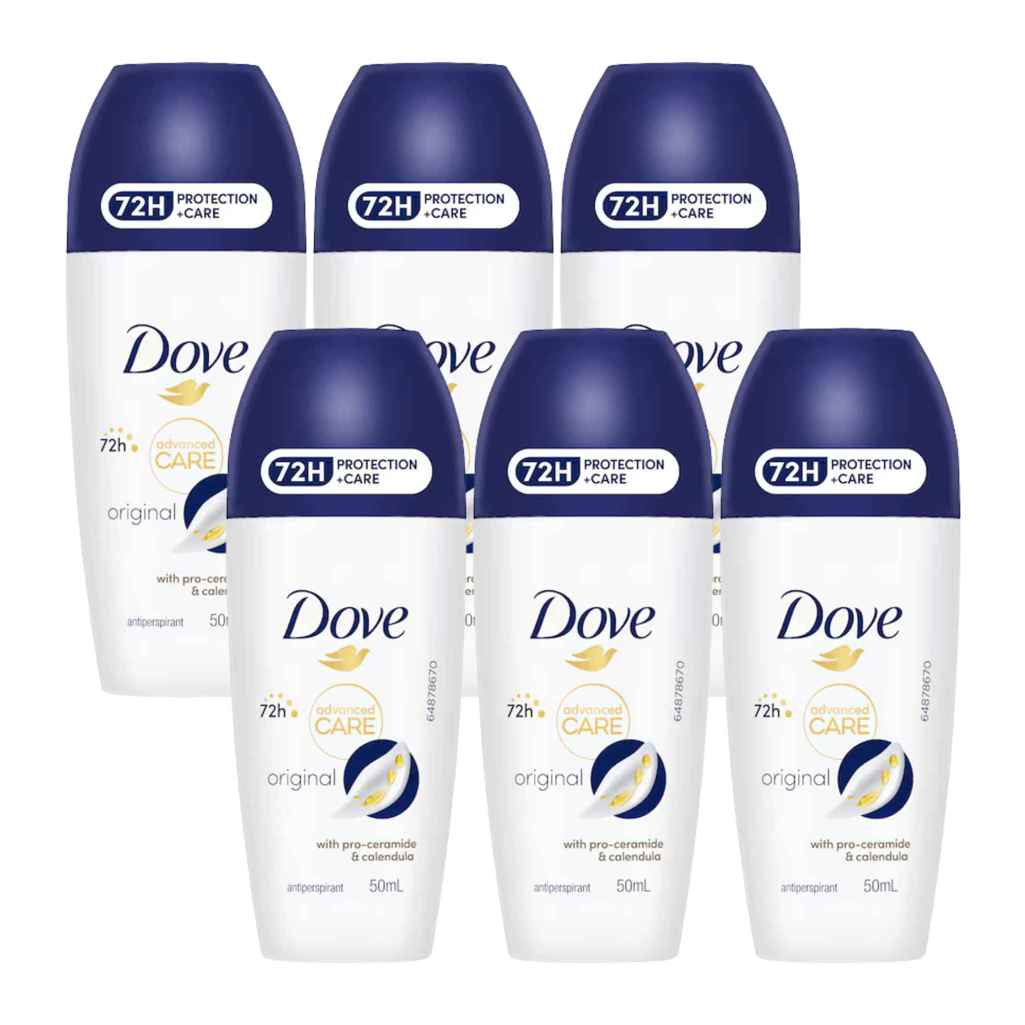 Six bottles of Dove deodorant on a white background