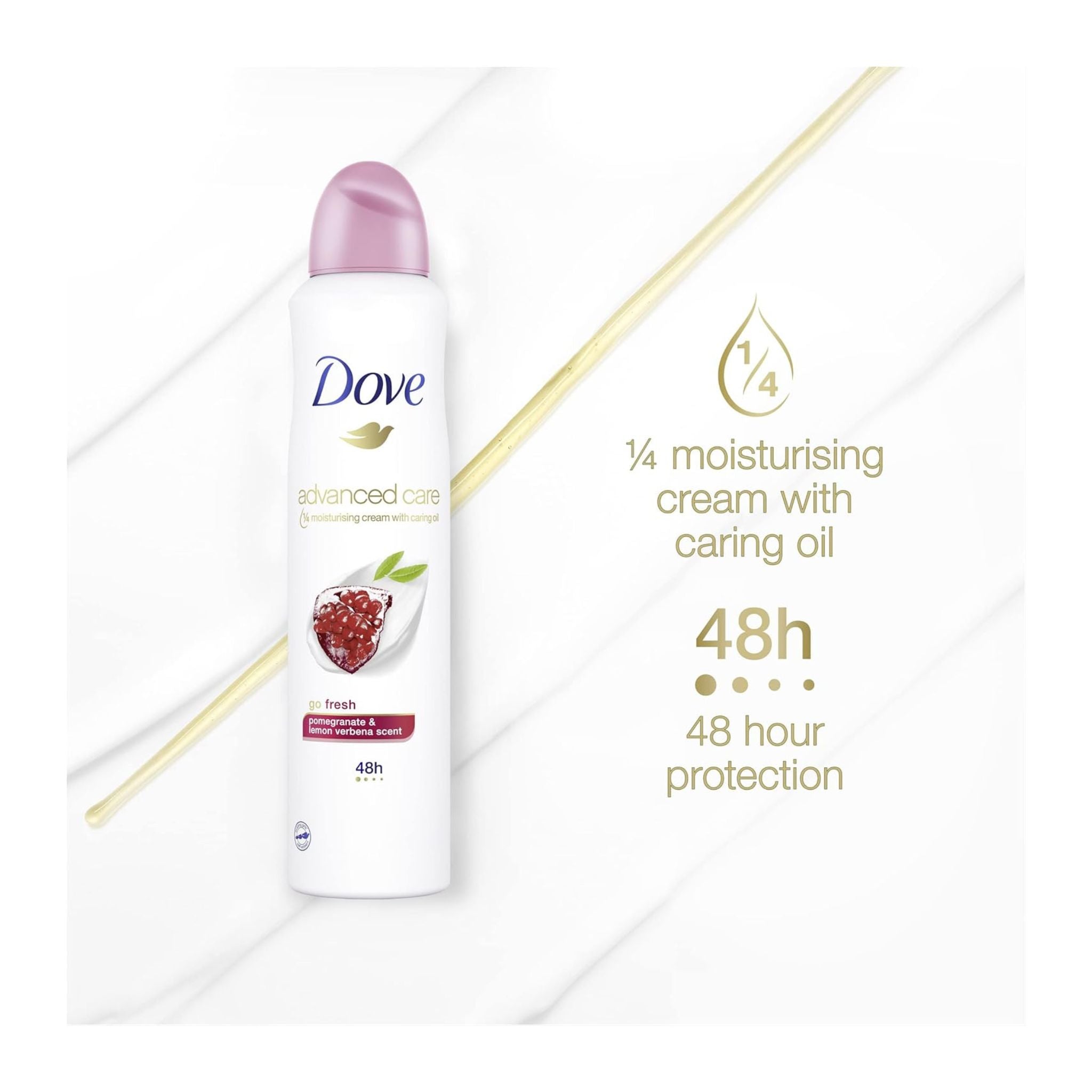 Dove deodorant spray bottle with pomegranate graphics on a white background