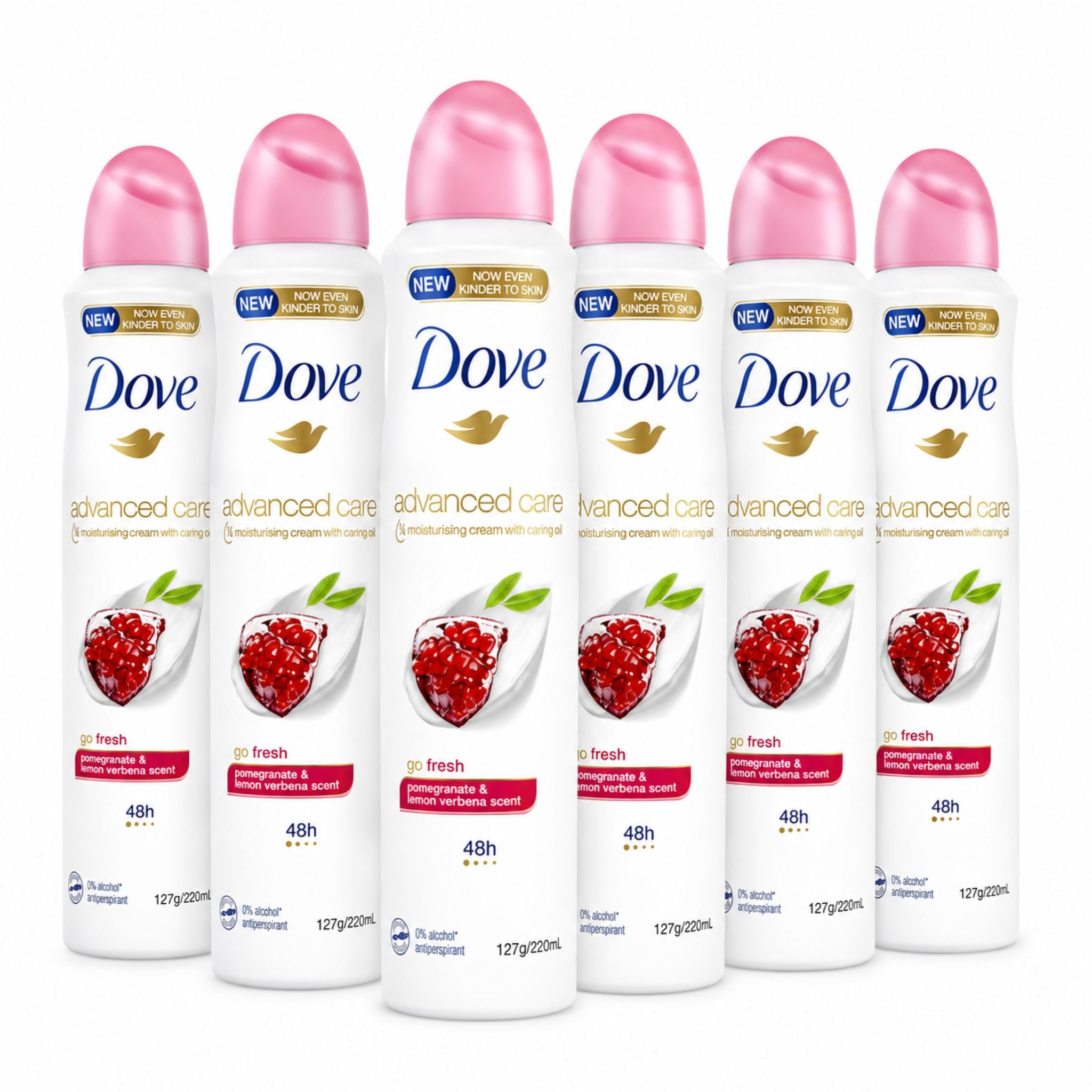 Six bottles of Dove Advanced Care deodorant with pink caps on a white background