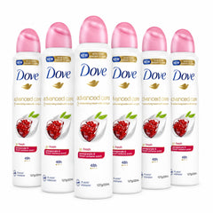 Six bottles of Dove Advanced Care deodorant with pink caps on a white background