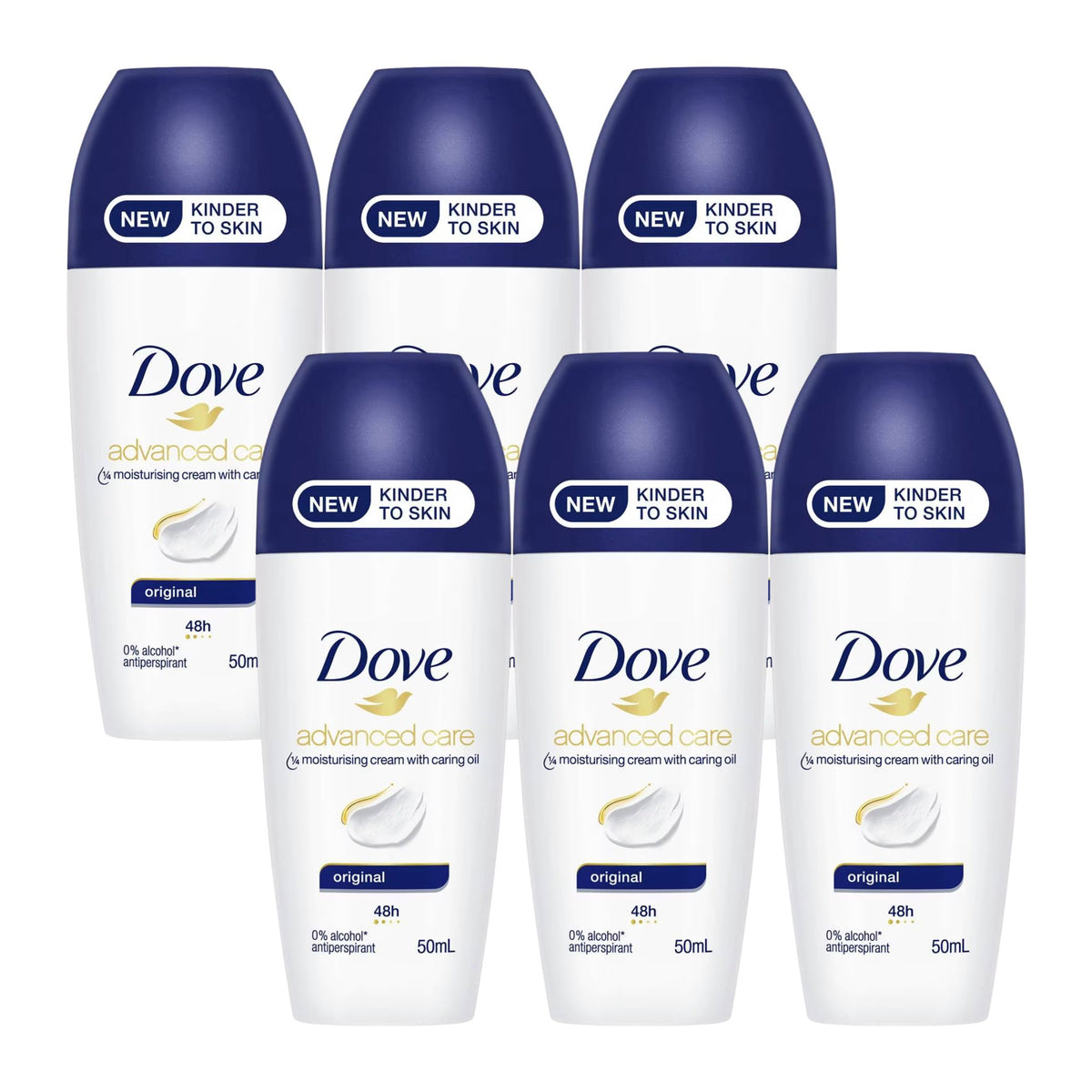 Set of Dove Advanced Care deodorant bottles on a white background
