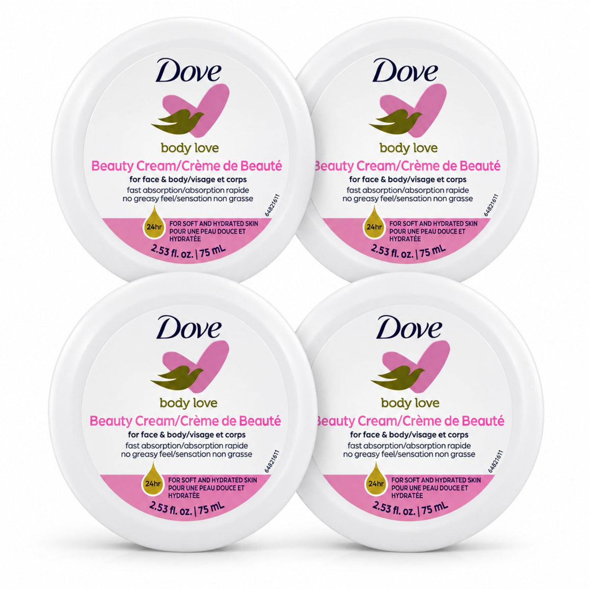 Four round white tubs of Dove Body Love Beauty Cream arranged in a 2x2 grid on a white background.